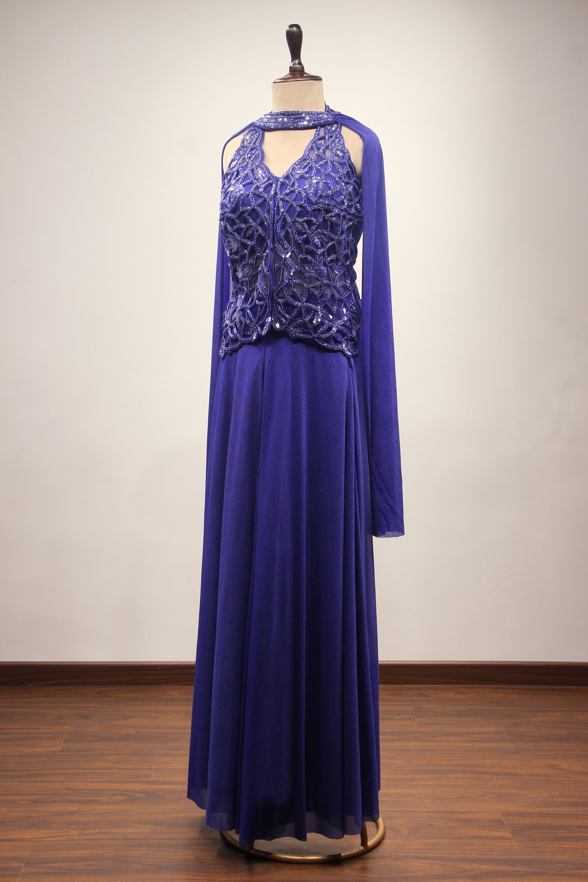 Imported Indo Western Long Top with Cut Dana & Bead Handwork Choker in Blue – side view