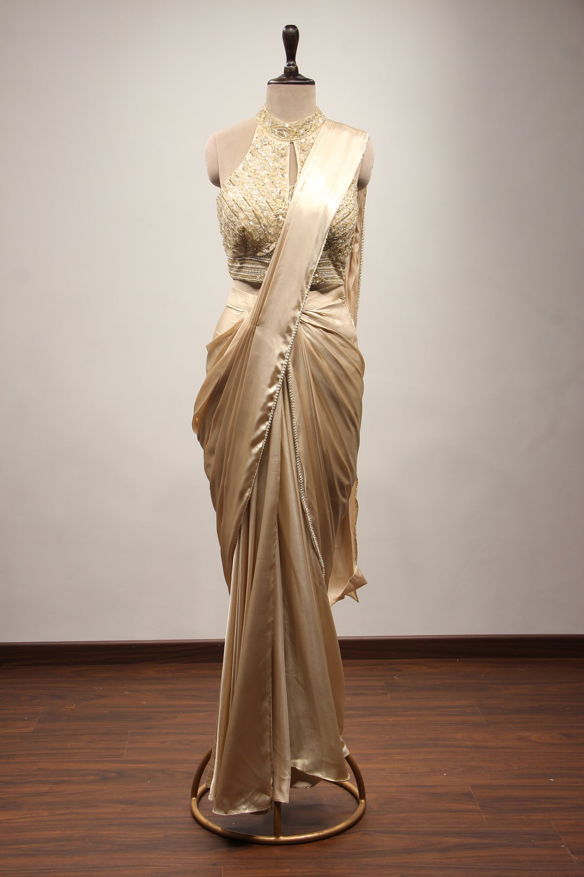 Gold Imported Drape Saree with Sequin & Cut Dana Handwork Halter Neck