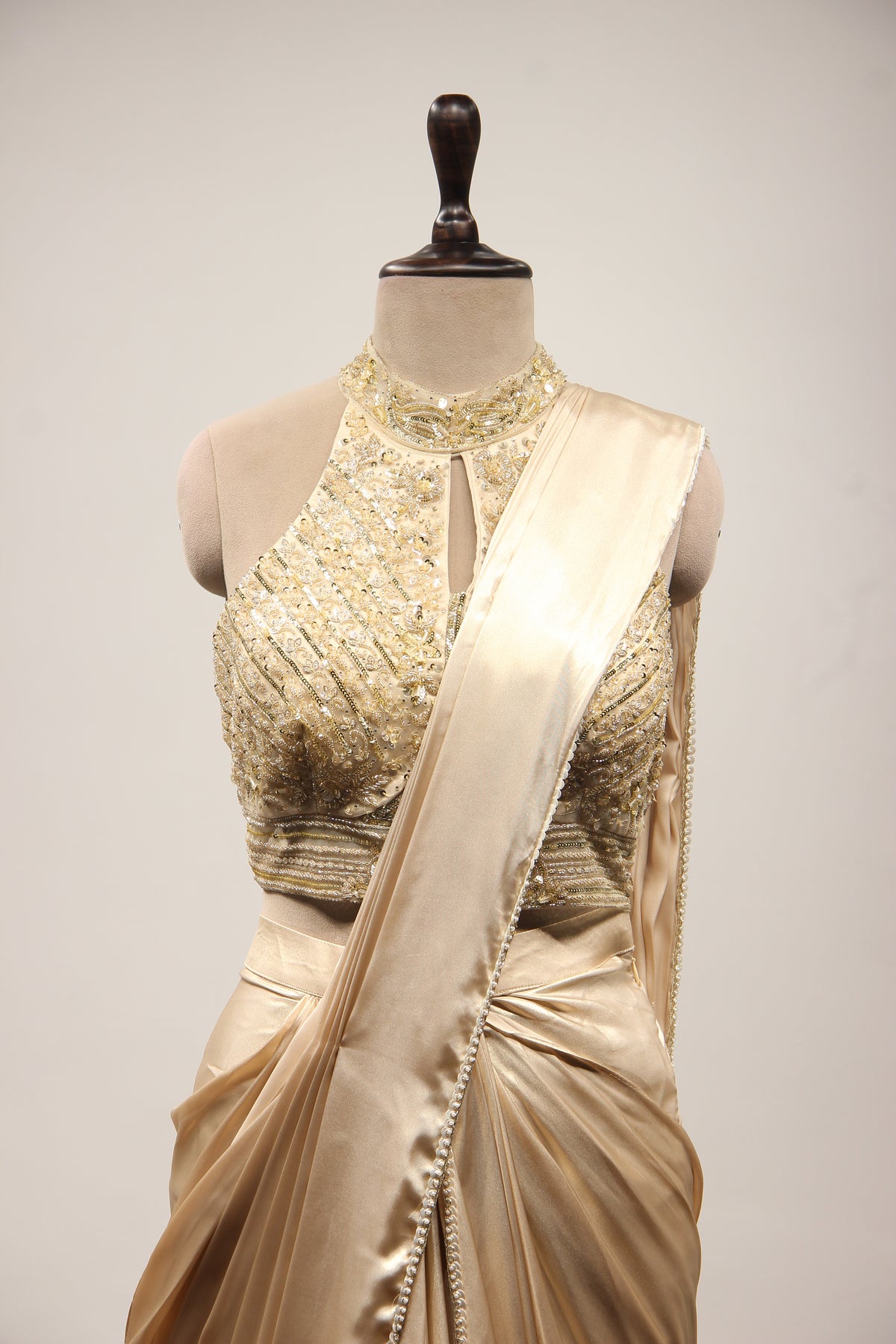 Gold Imported Drape Saree with Sequin & Cut Dana Handwork Halter Neck