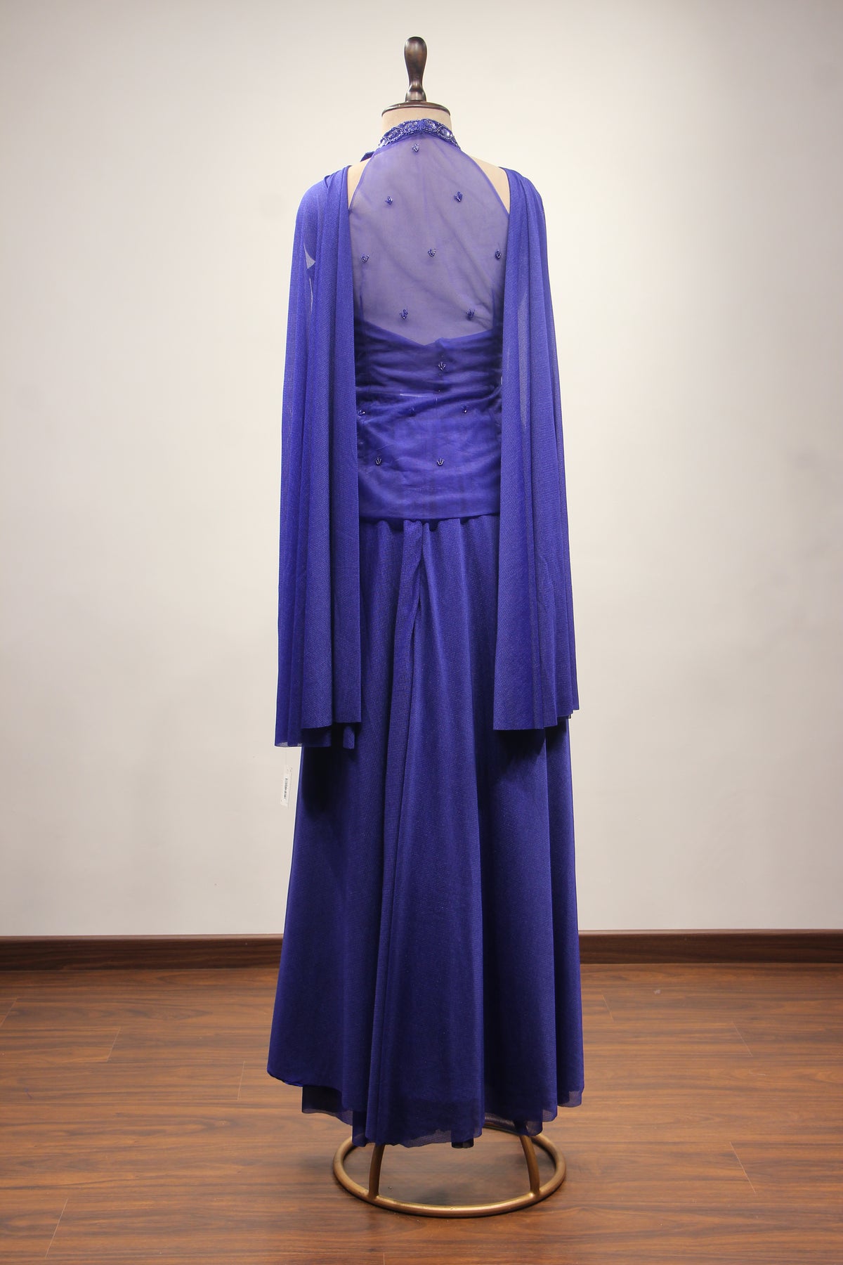 Imported Indo Western Long Top with Cut Dana & Bead Handwork Choker in Blue – back view