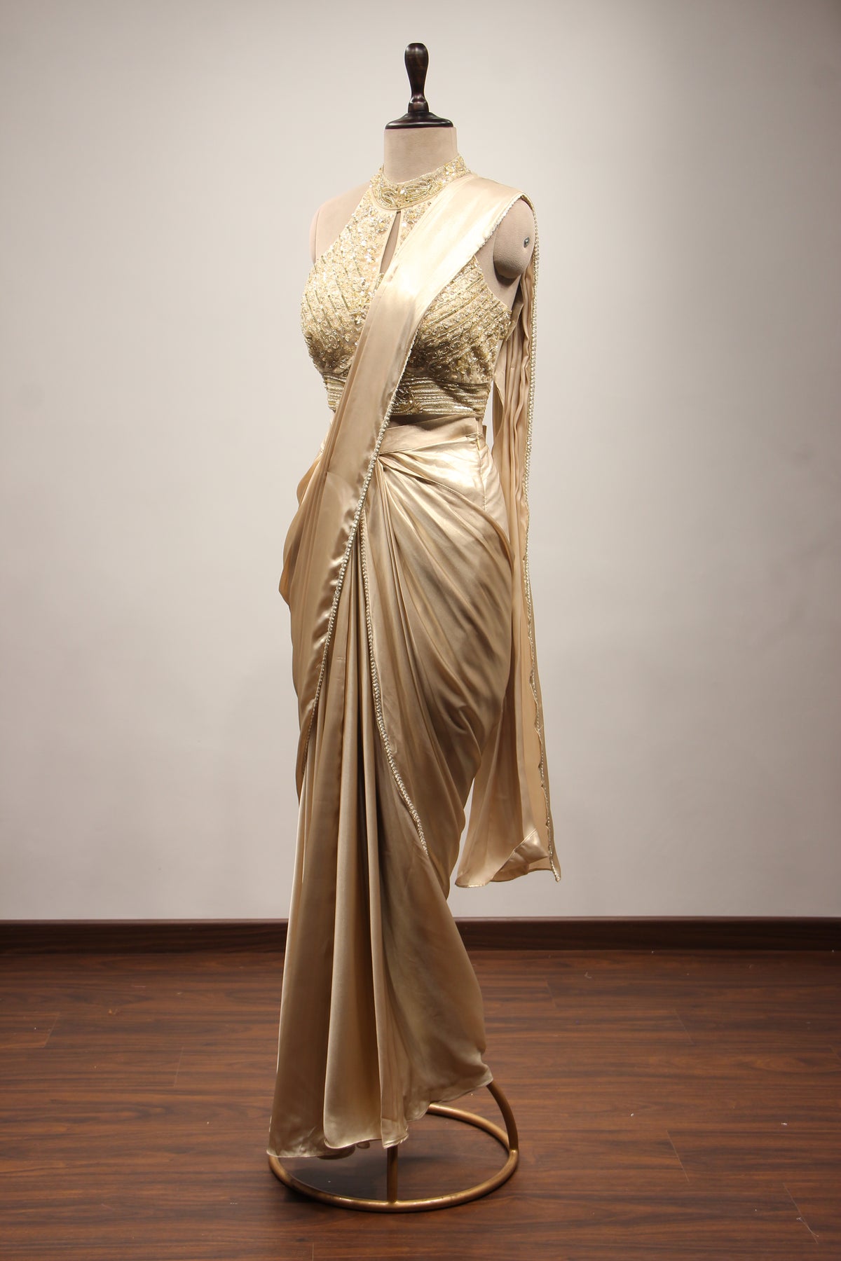 Gold Imported Drape Saree with Sequin & Cut Dana Handwork Halter Neck