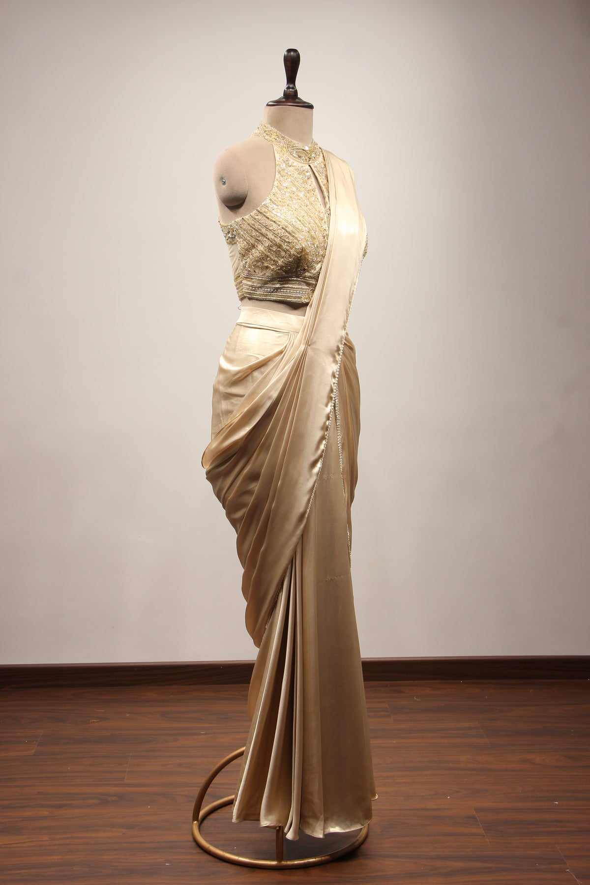 Gold Imported Drape Saree with Sequin & Cut Dana Handwork Halter Neck