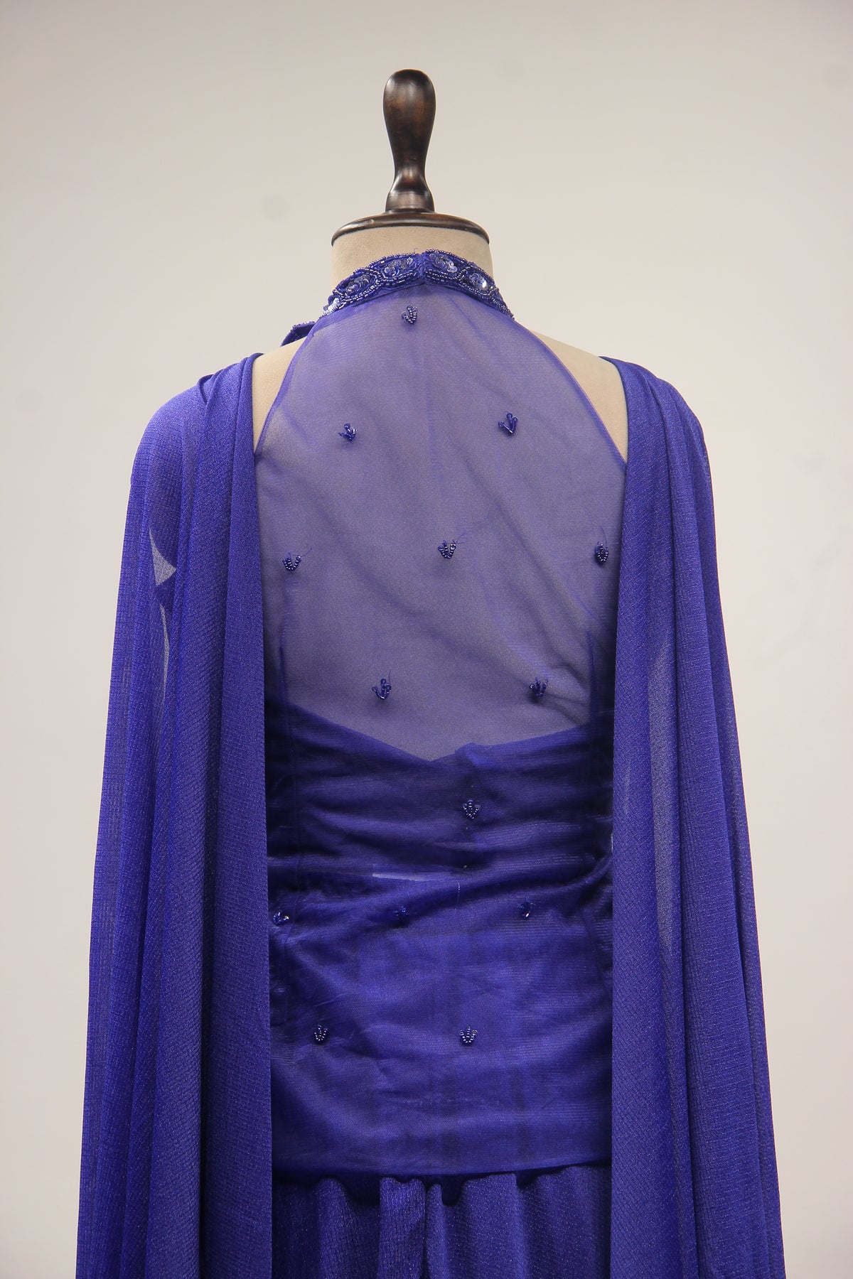 Imported Indo Western Long Top with Cut Dana & Bead Handwork Choker in Blue – back close-up