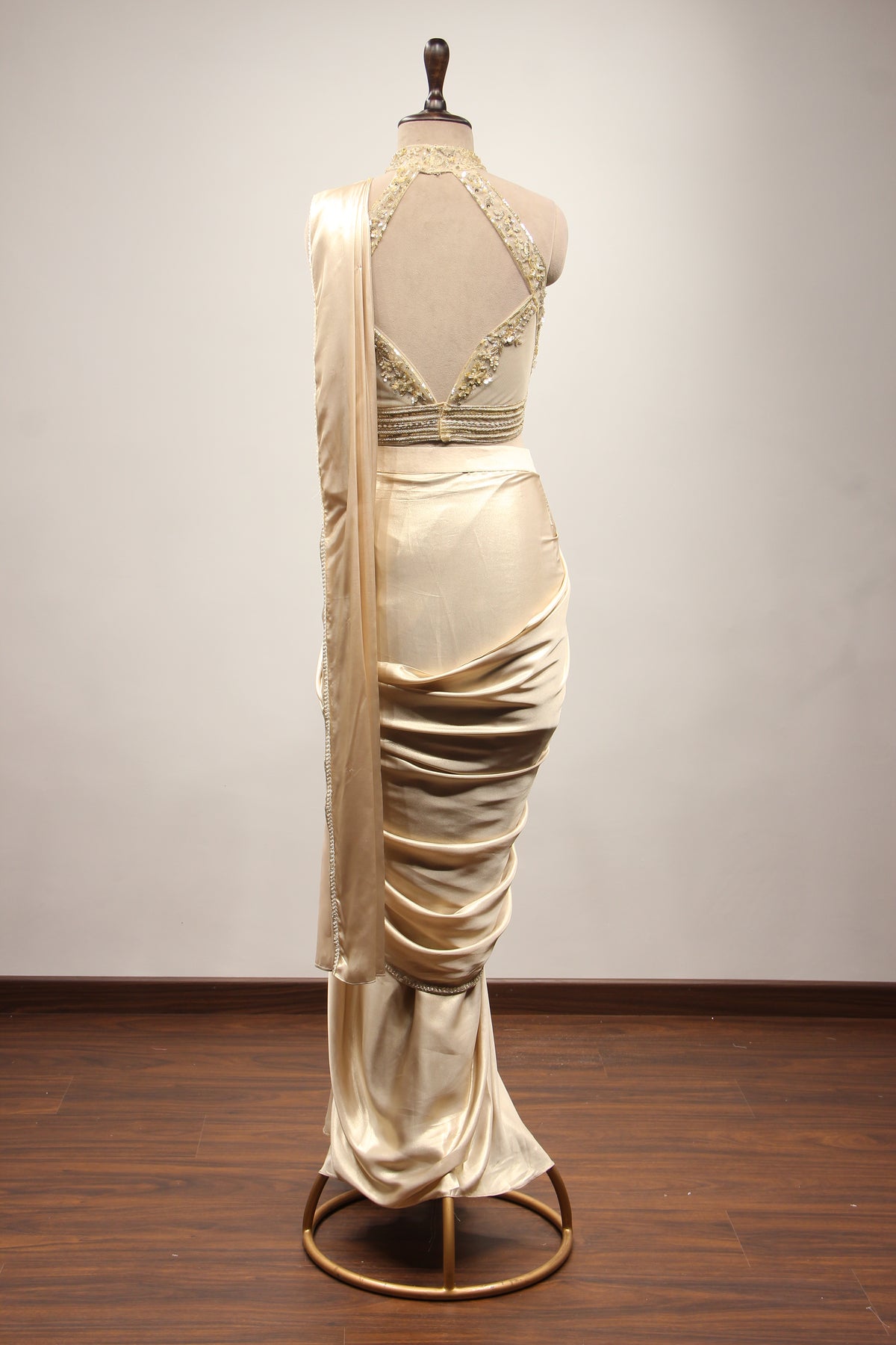 Gold Imported Drape Saree with Sequin & Cut Dana Handwork Halter Neck