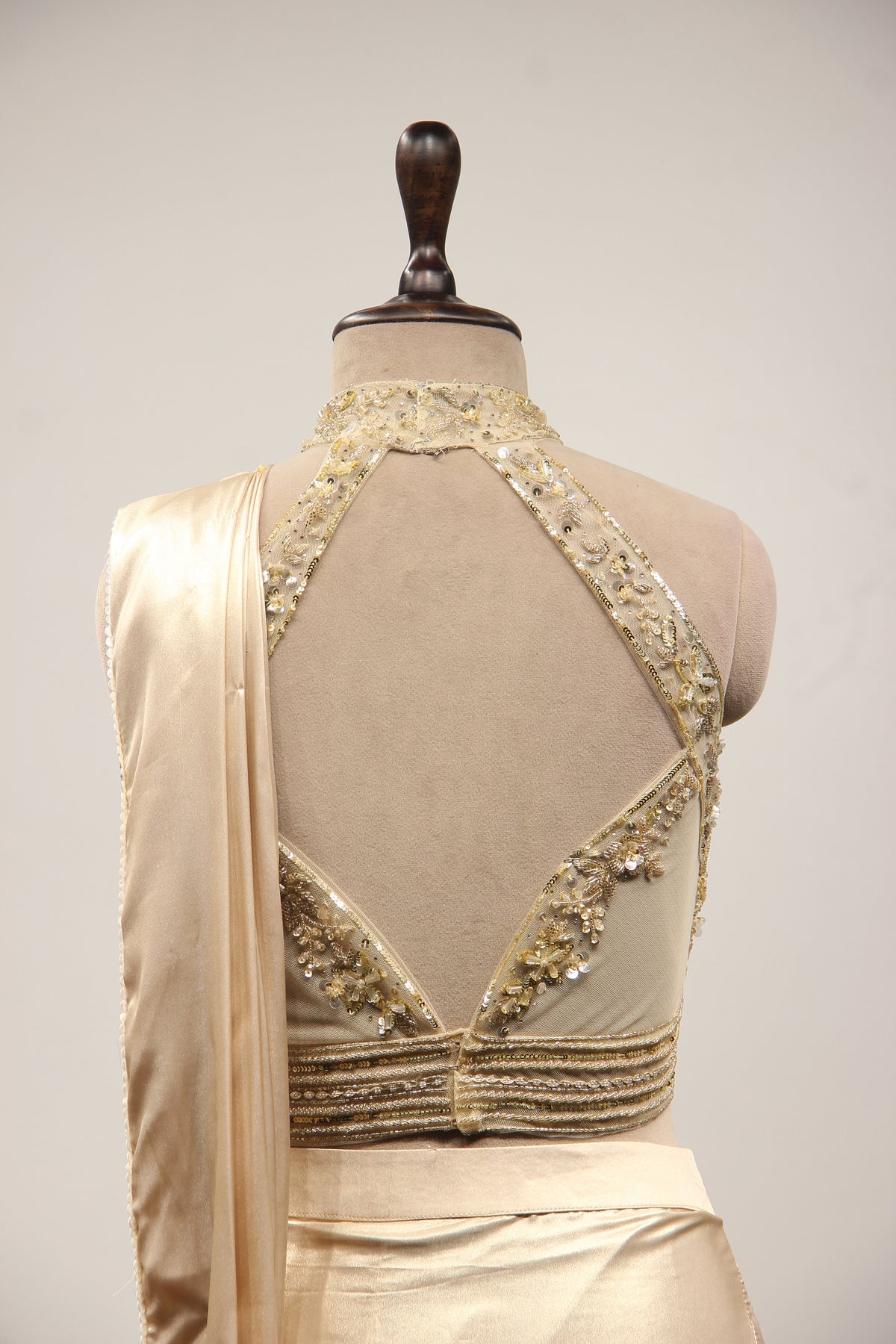 Gold Imported Drape Saree with Sequin & Cut Dana Handwork Halter Neck