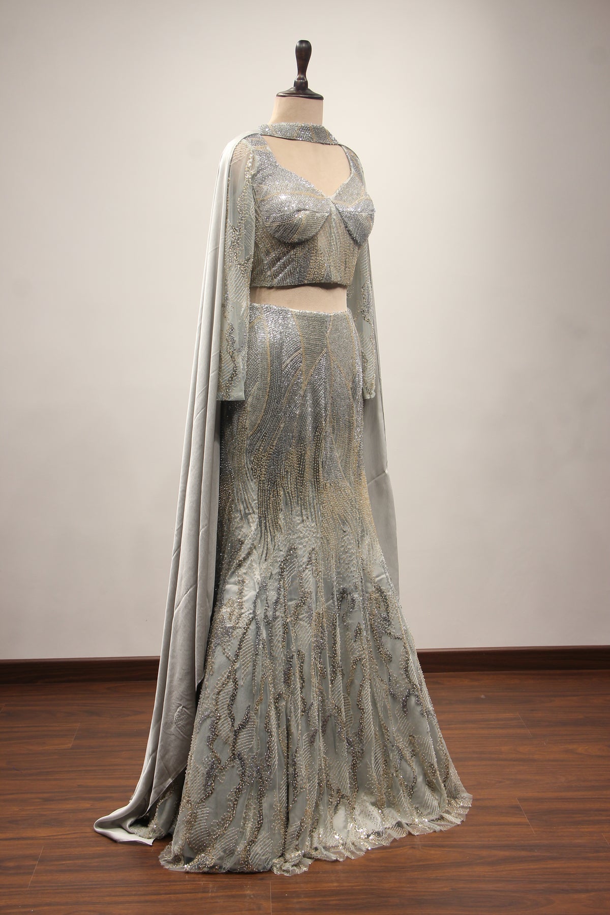 Grey Net Mermaid Lehenga with Cut Dana & Sequin Handwork Bustier – other side view