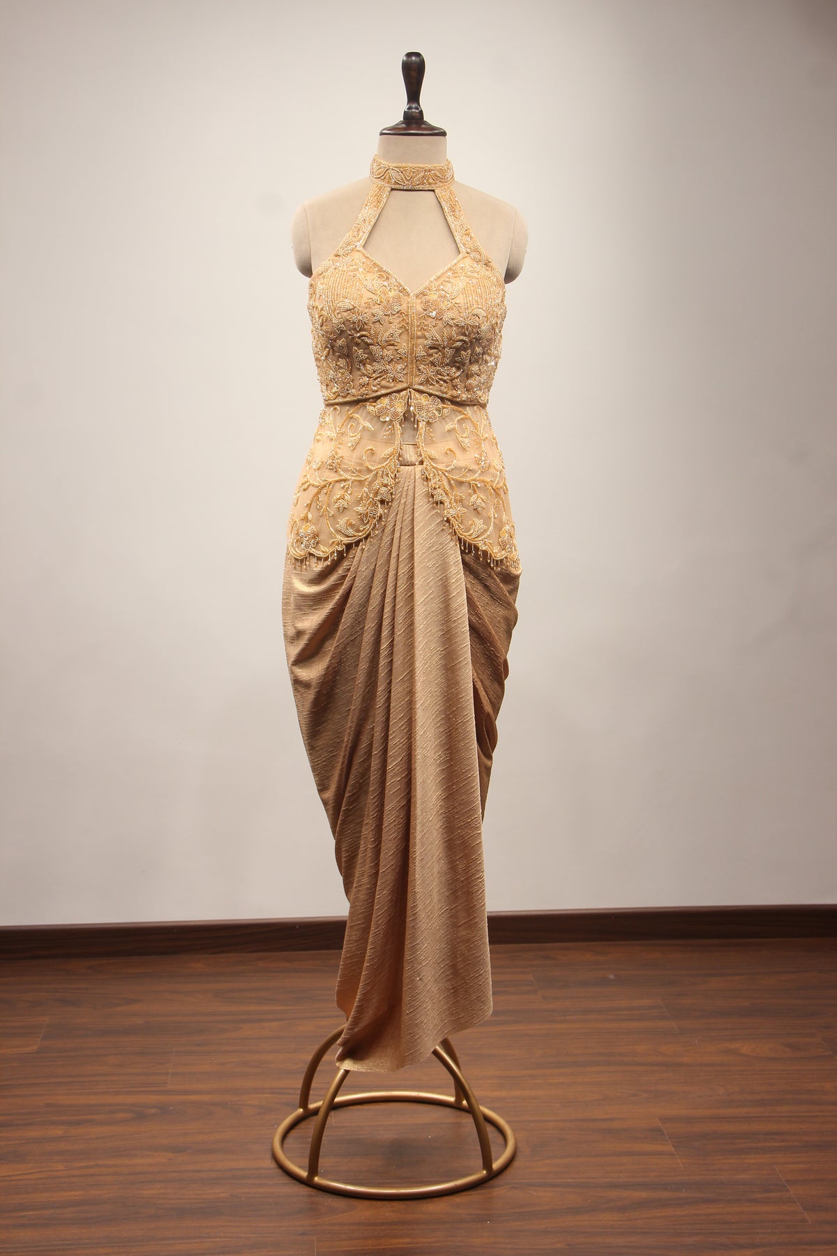 Gold Imported Halter Neck Indo Western with Cut Dana & Bead Handwork – front view