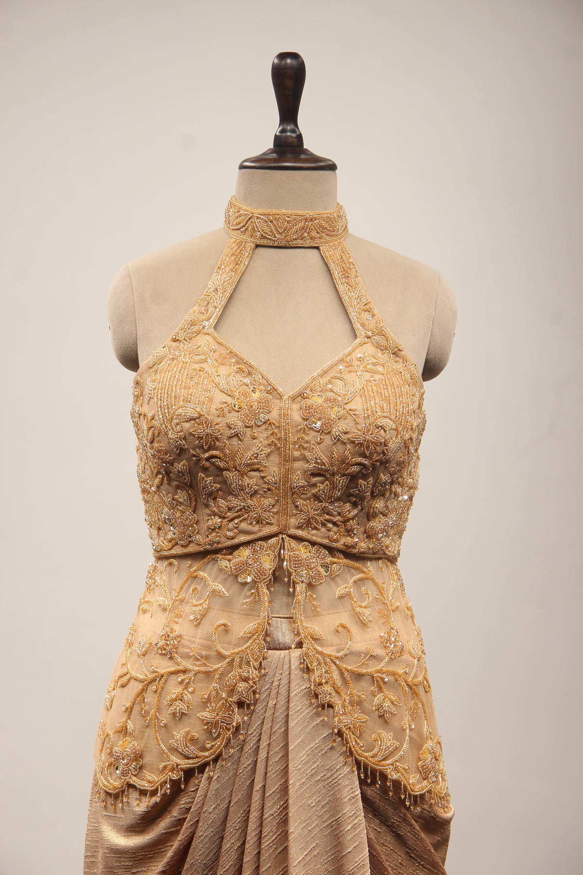 Gold Imported Halter Neck Indo Western with Cut Dana & Bead Handwork – front close-up