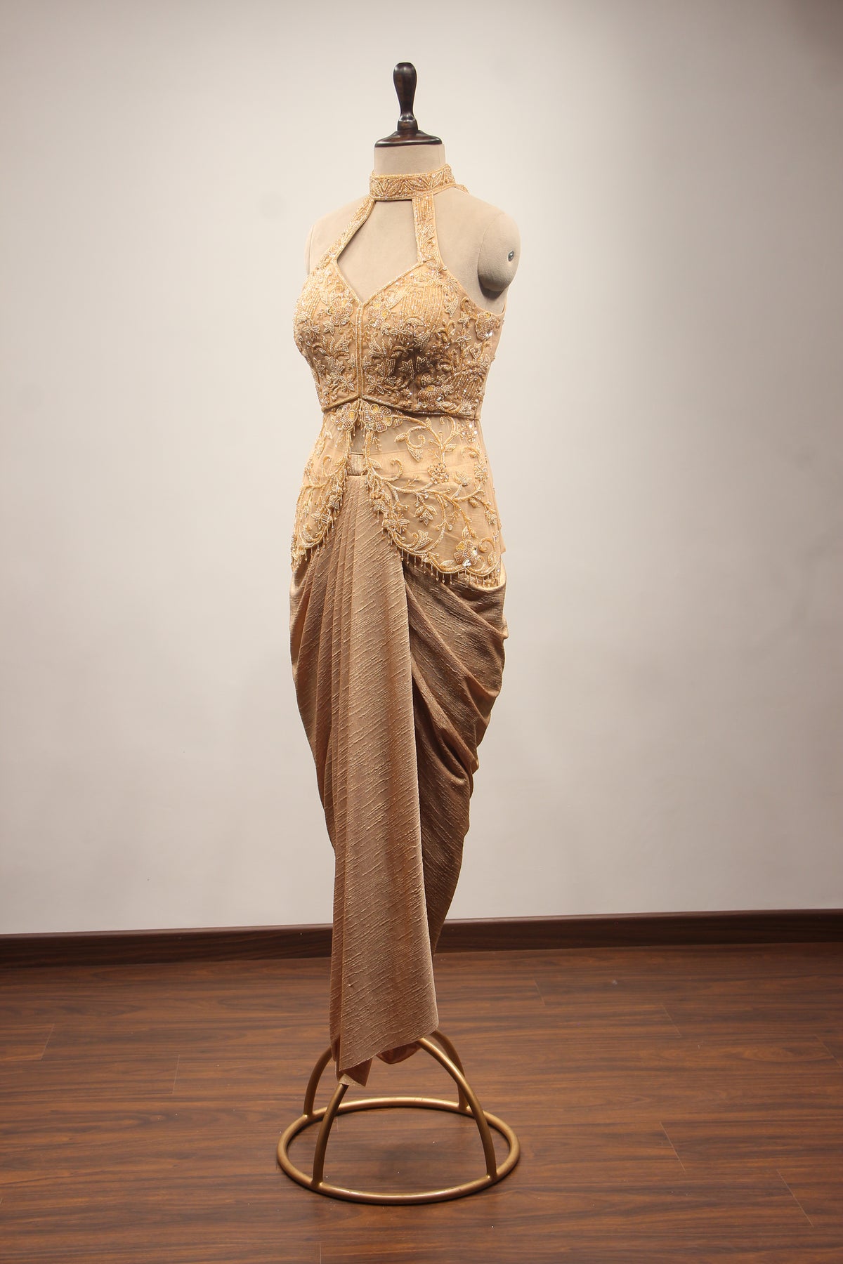 Gold Imported Halter Neck Indo Western with Cut Dana & Bead Handwork – side view