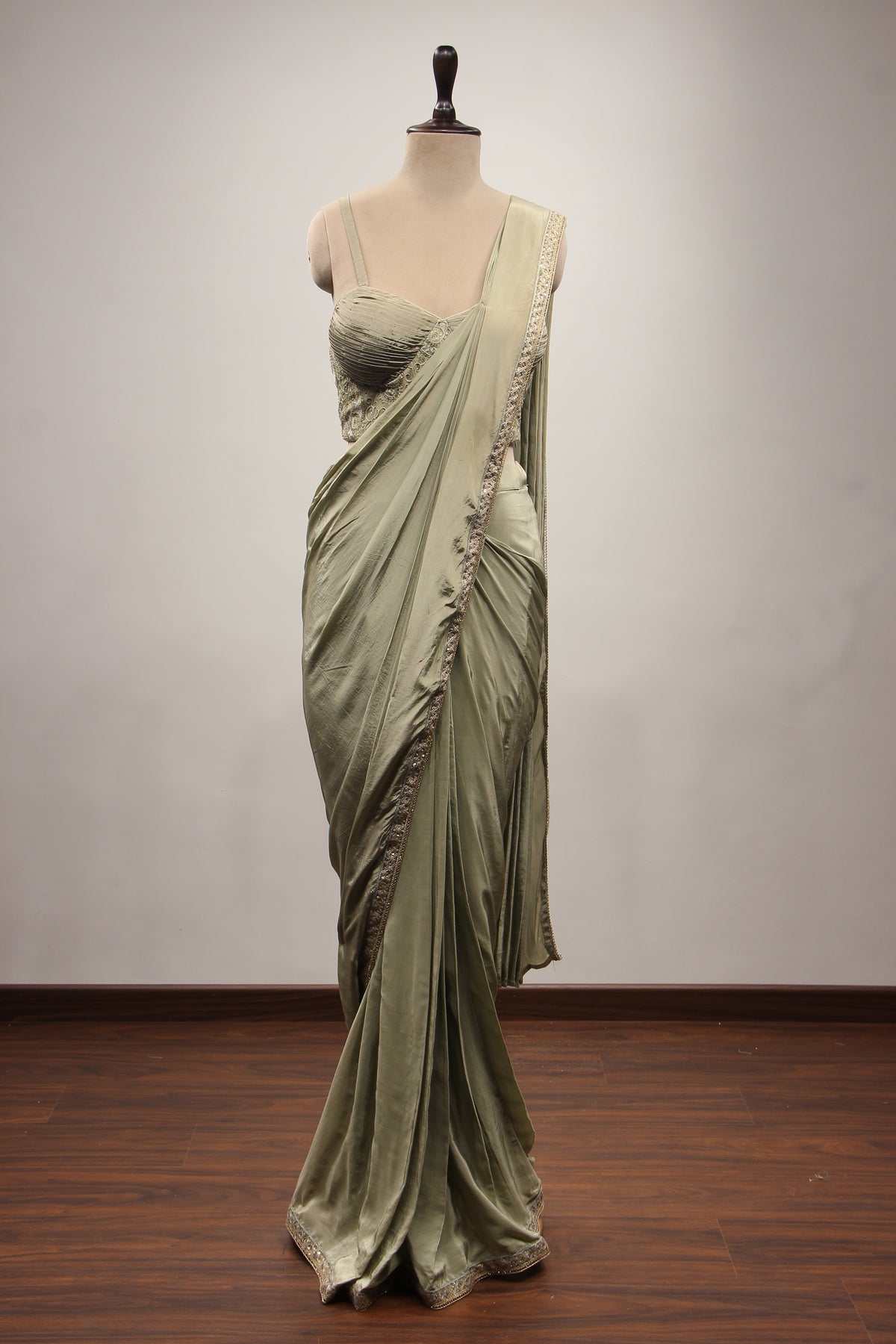 Dusty Green Crepe Drape Saree with Resham & Stone Handwork