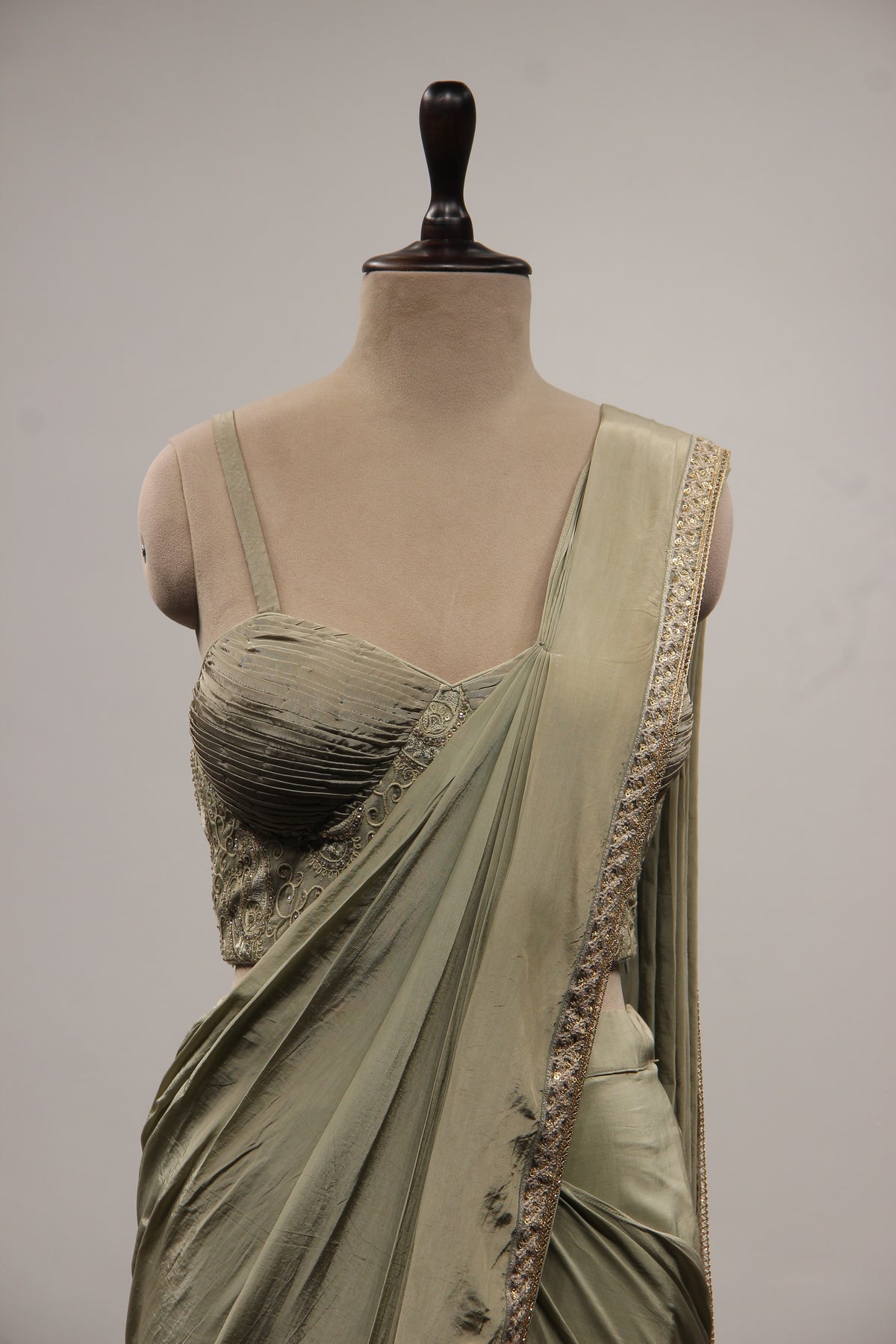 Dusty Green Crepe Drape Saree with Resham & Stone Handwork