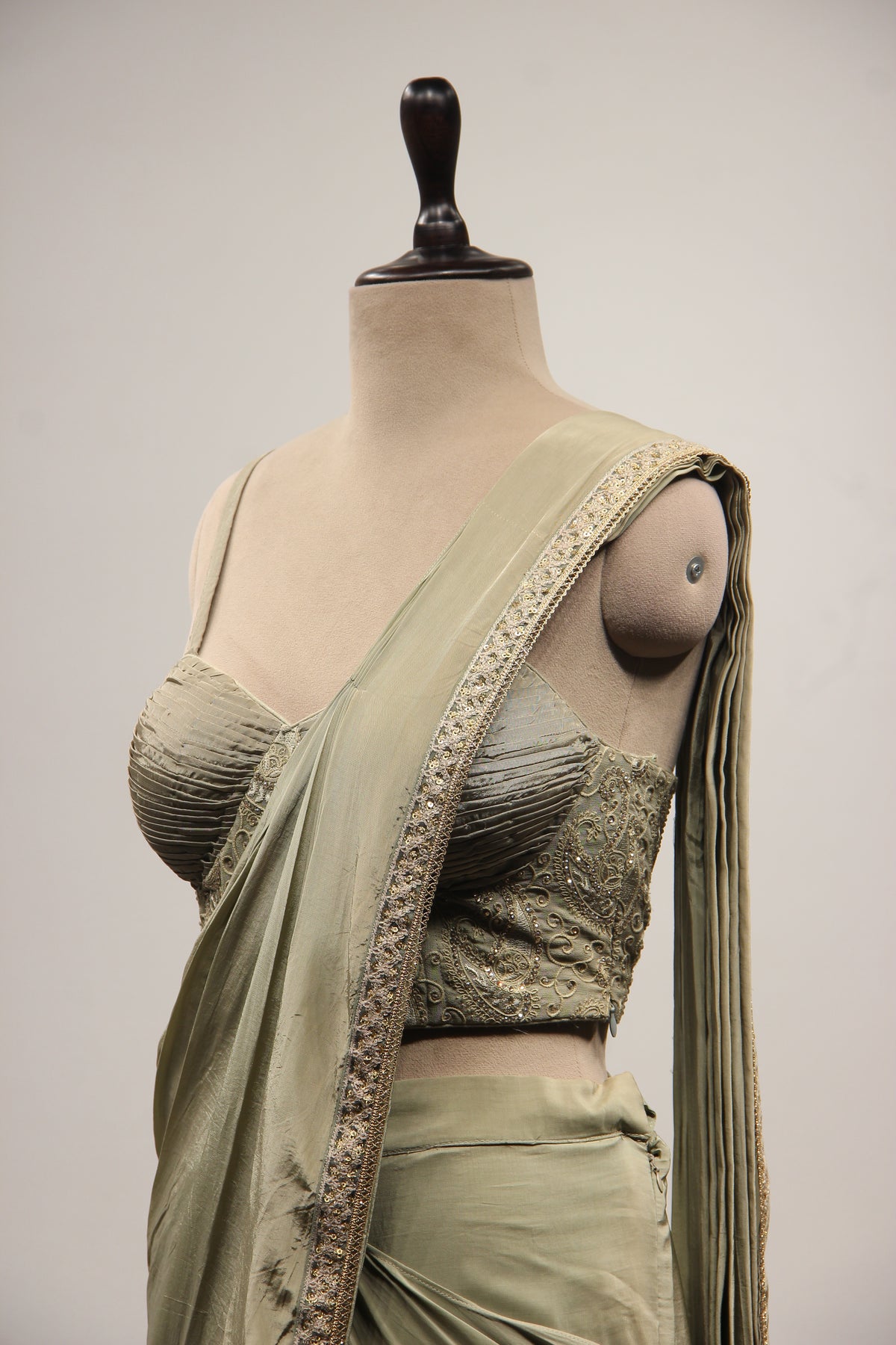 Dusty Green Crepe Drape Saree with Resham & Stone Handwork