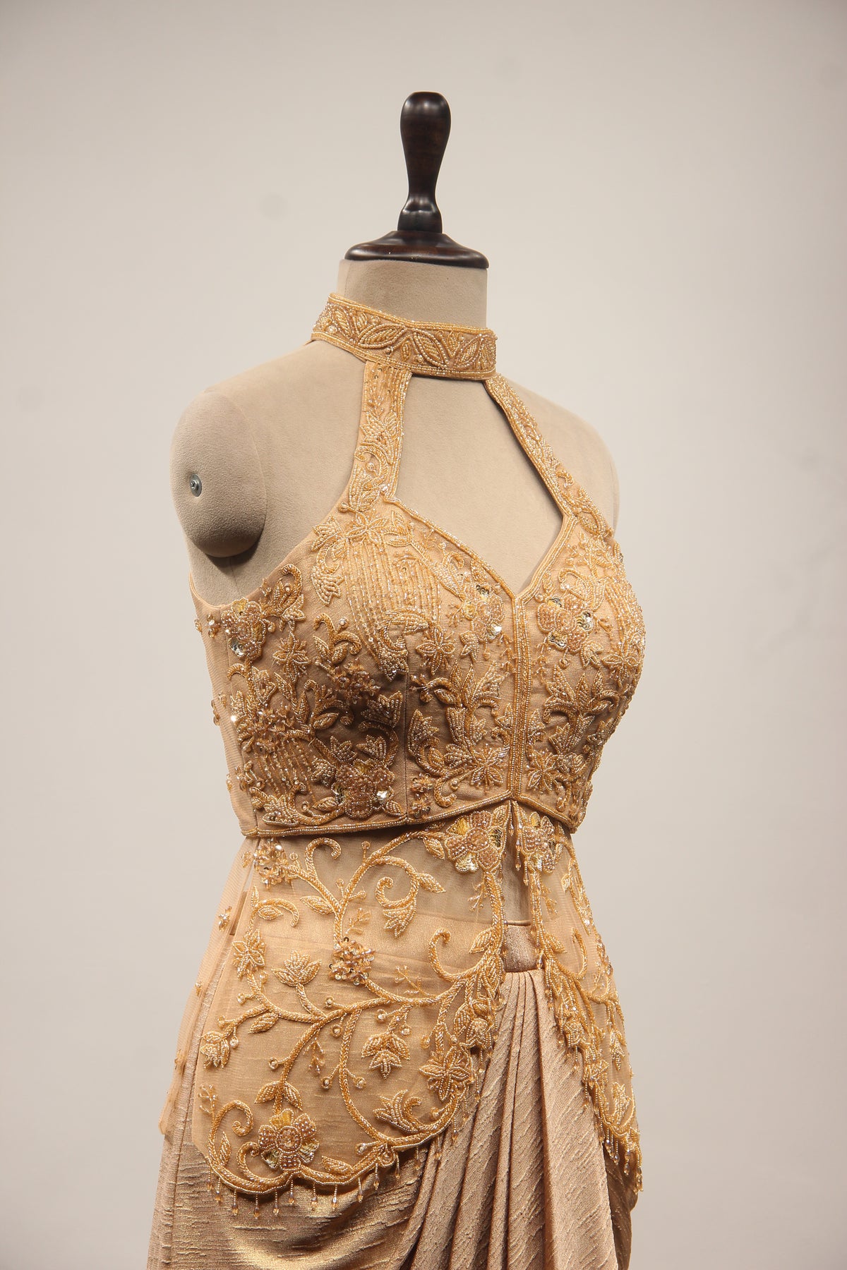 Gold Imported Halter Neck Indo Western with Cut Dana & Bead Handwork – other side close-up