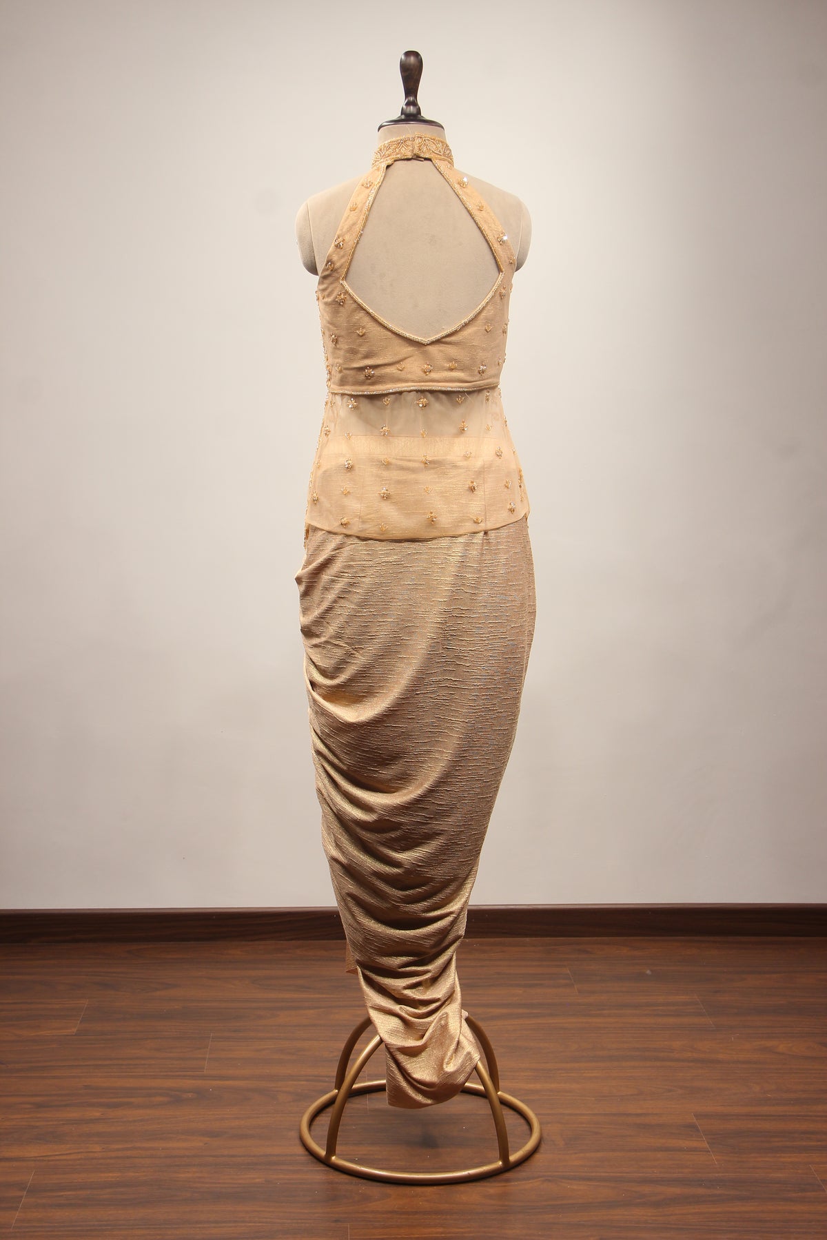 Gold Imported Halter Neck Indo Western with Cut Dana & Bead Handwork – back view