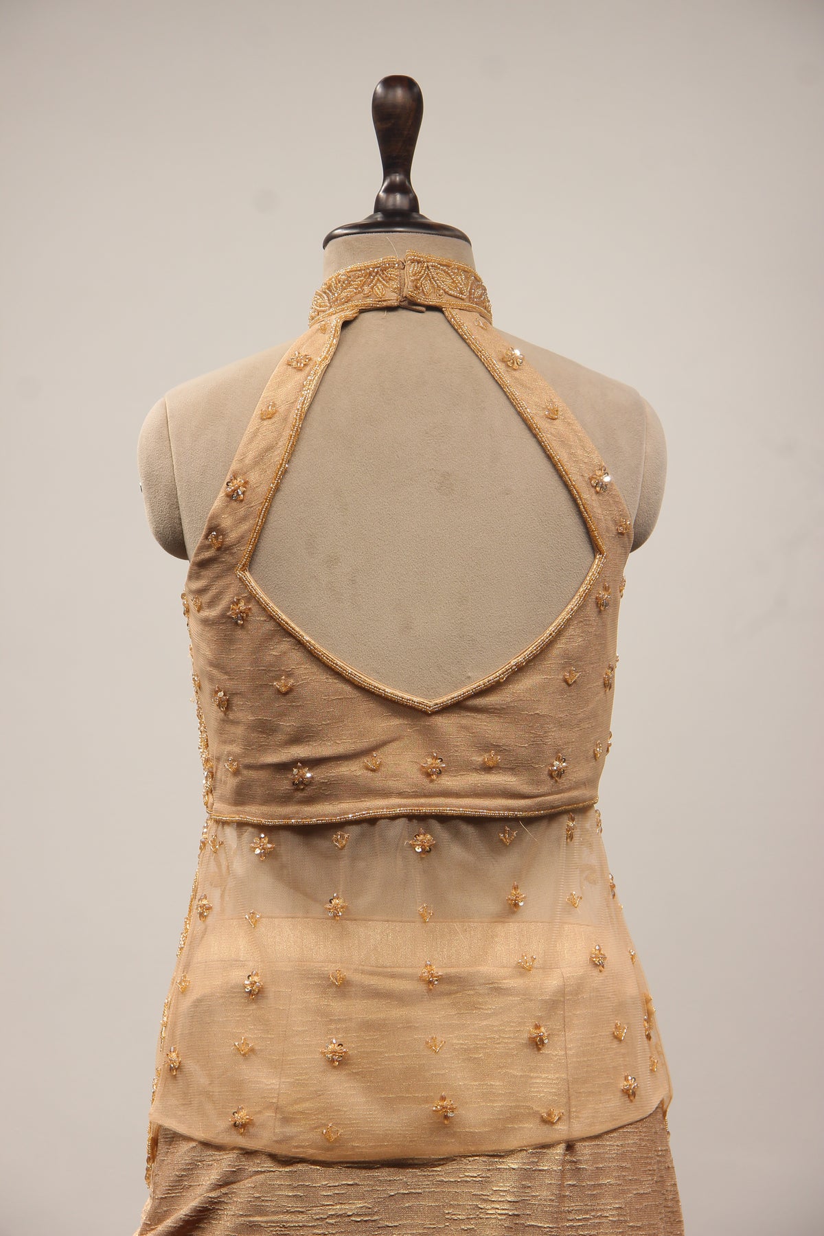 Gold Imported Halter Neck Indo Western with Cut Dana & Bead Handwork – back close-up