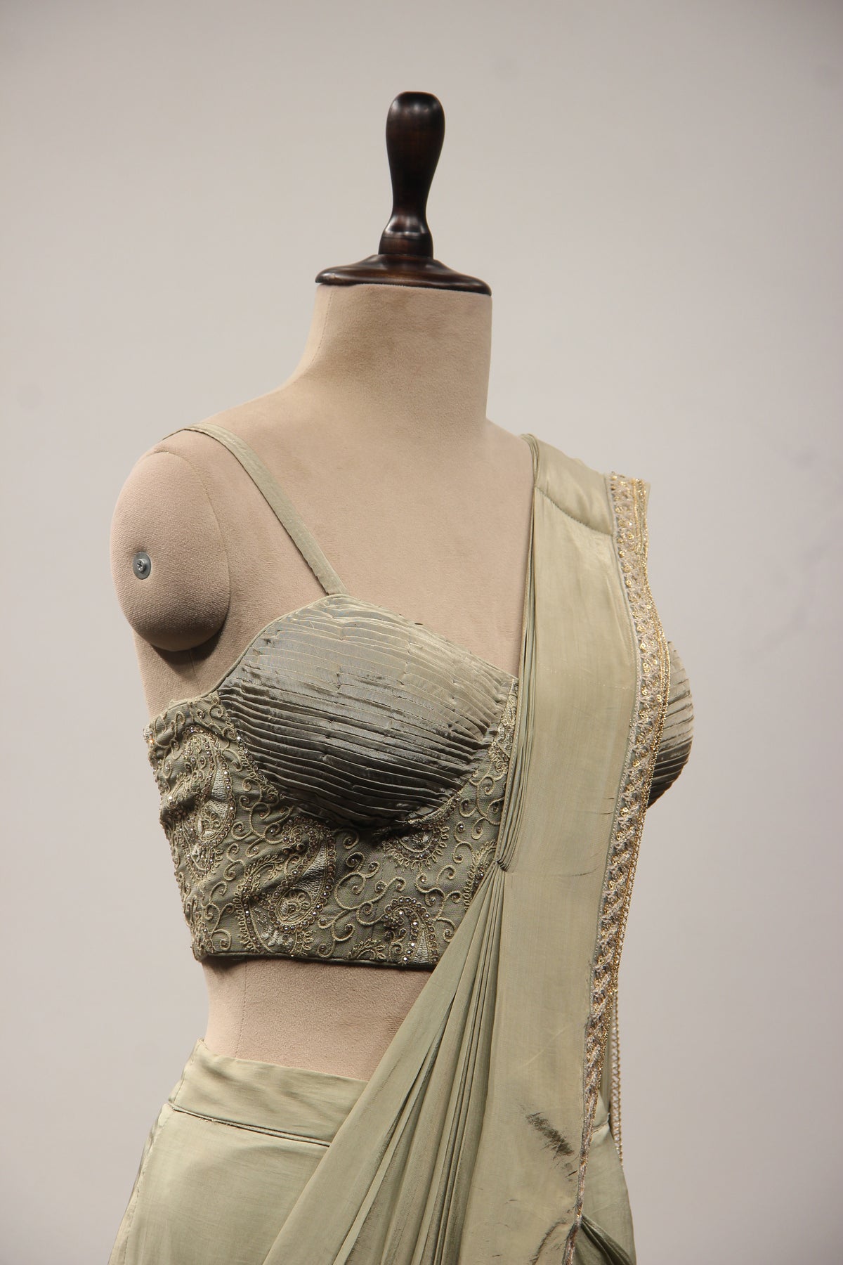Dusty Green Crepe Drape Saree with Resham & Stone Handwork