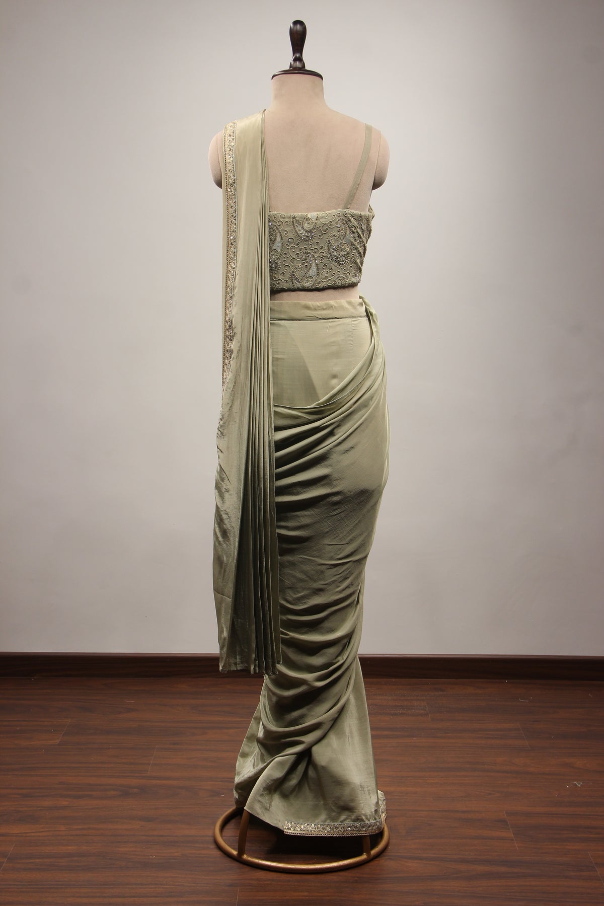 Dusty Green Crepe Drape Saree with Resham & Stone Handwork