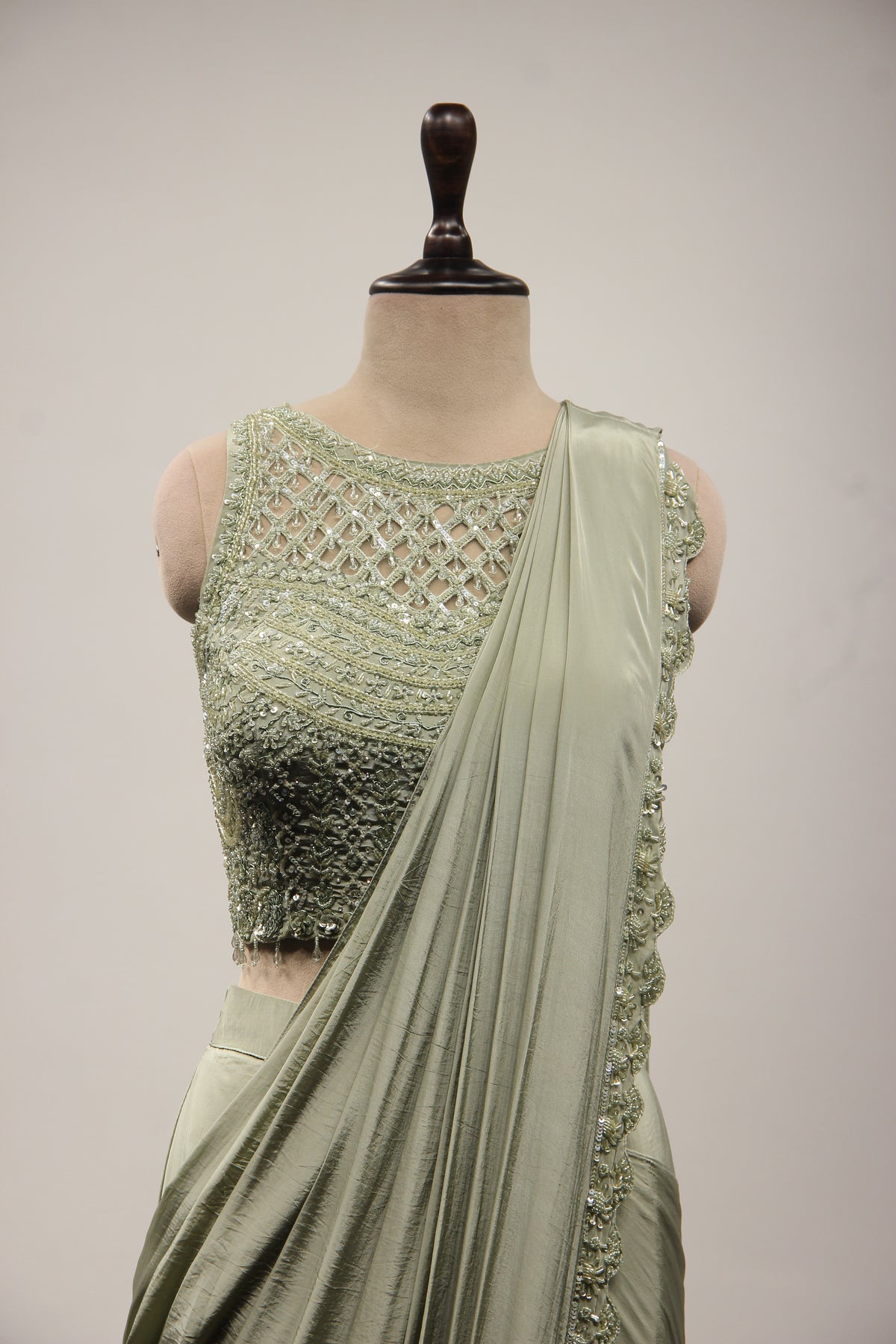 Crepe Ready-to-Wear Drape Saree with Sequin & Cut Dana Handwork