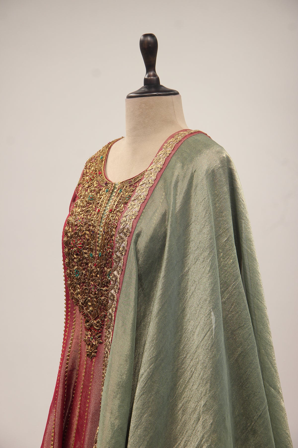 Maroon Tissue Floor Length Anarkali Gown with Zari & Zardozi Handwork – side close-up