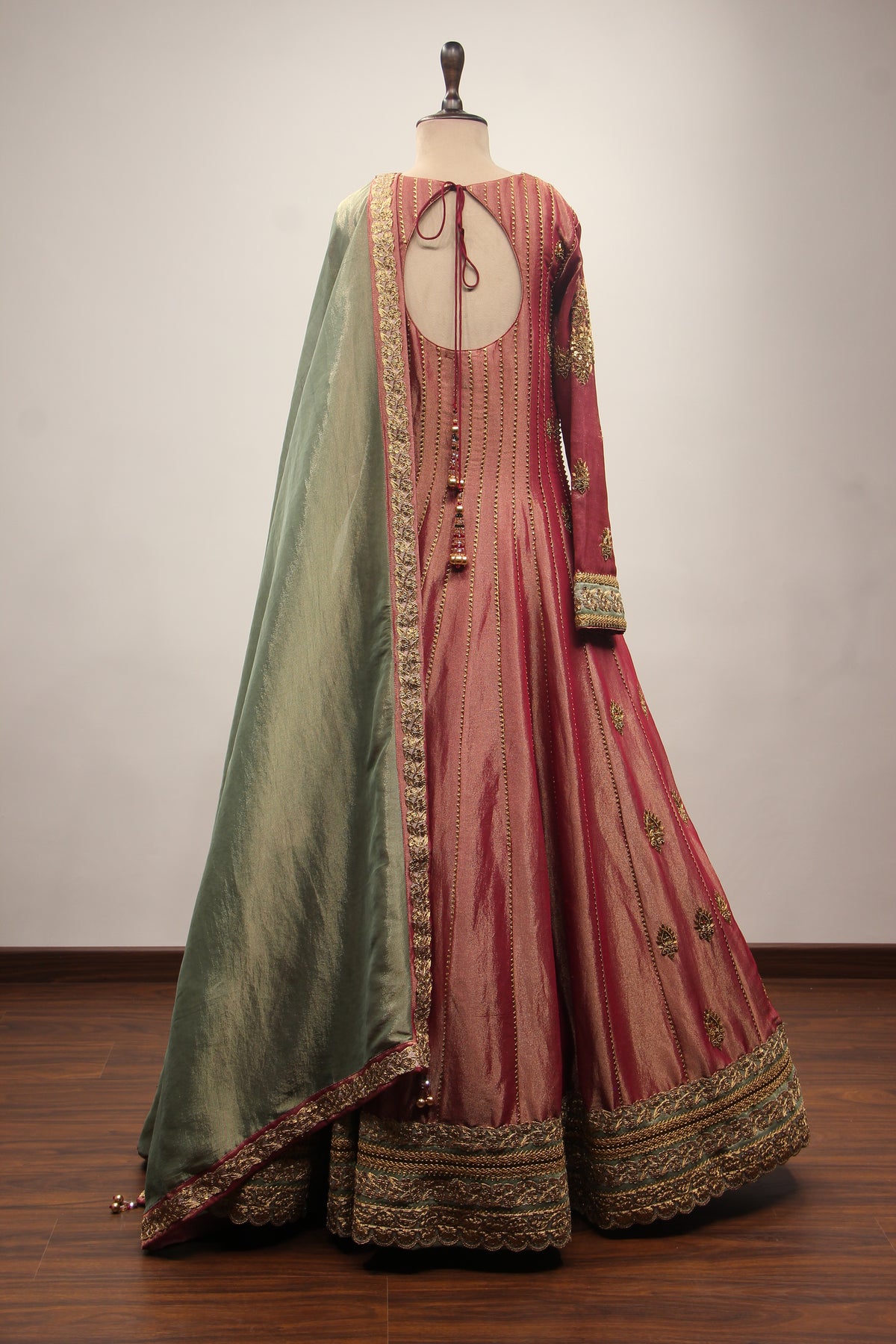 Maroon Tissue Floor Length Anarkali Gown with Zari & Zardozi Handwork – back view