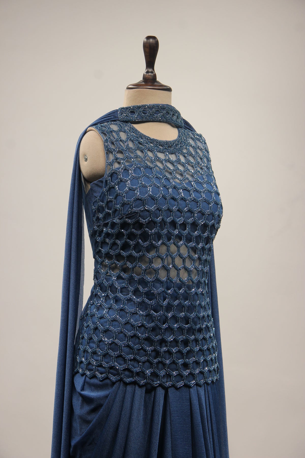 Imported Indo Western Honeycomb Long Top with Cut Dana & Bead Handwork in Blue – other side close-up