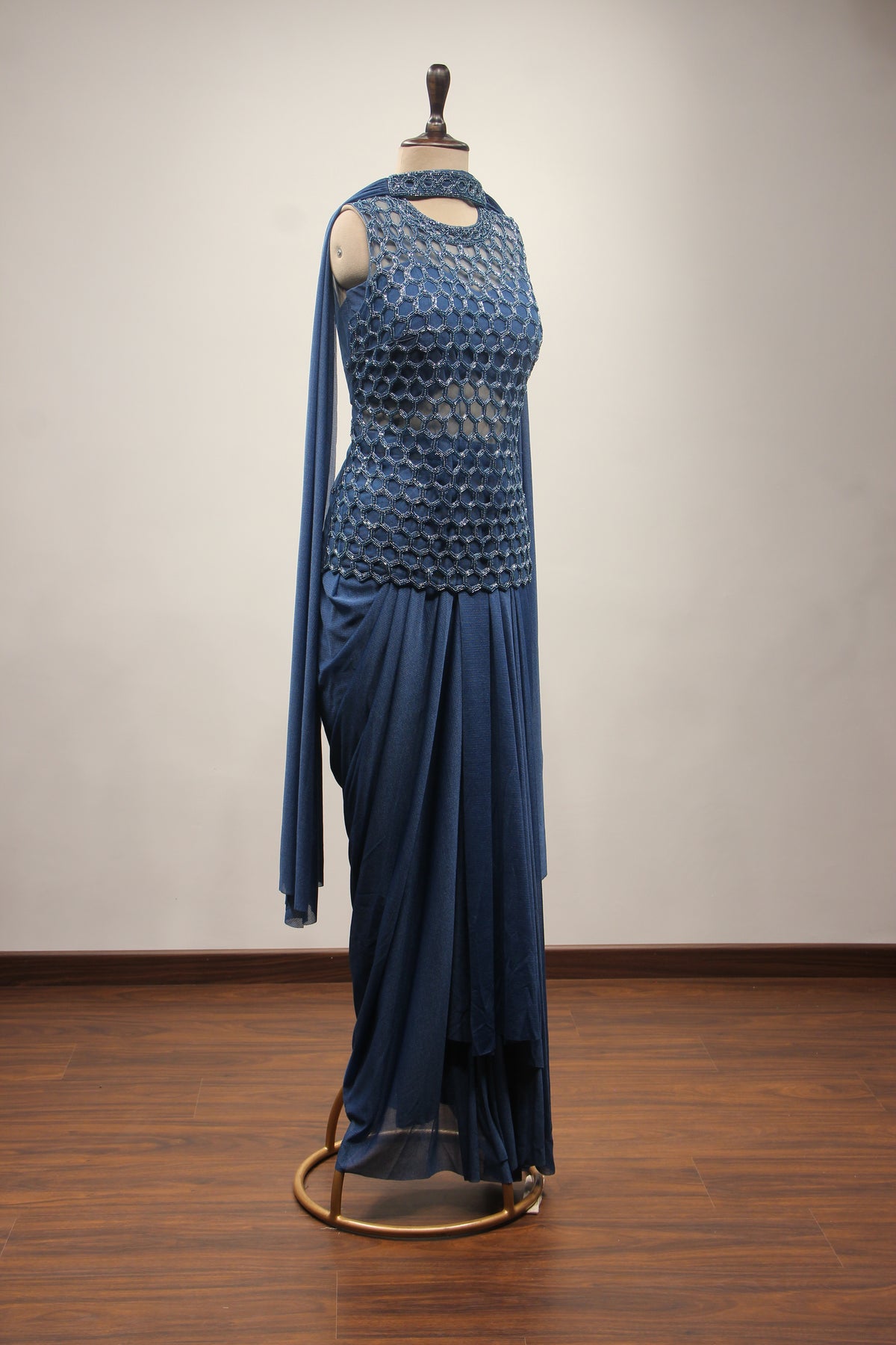 Imported Indo Western Honeycomb Long Top with Cut Dana & Bead Handwork in Blue – other side view