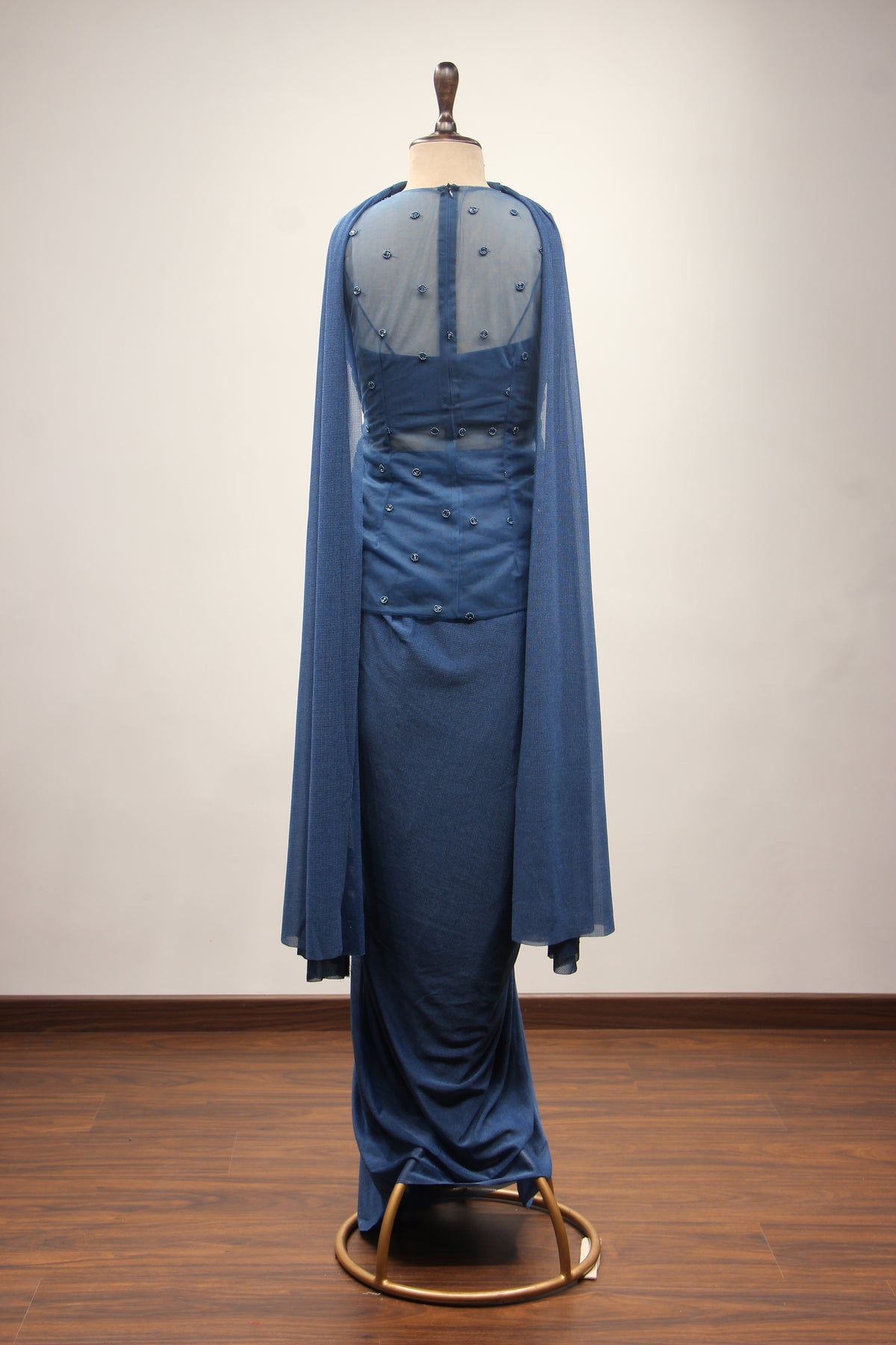 Imported Indo Western Honeycomb Long Top with Cut Dana & Bead Handwork in Blue – back view
