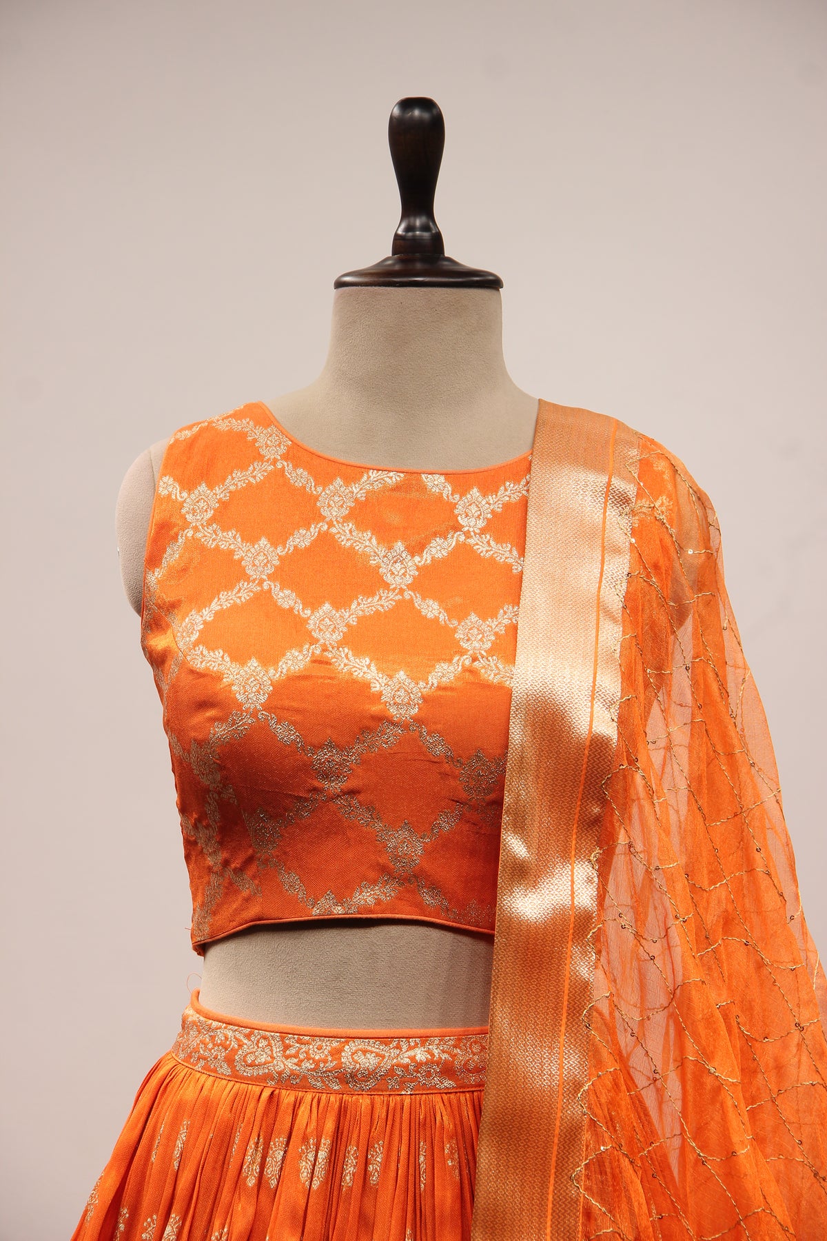 Orange Banarsi Brocade Lehenga with Woven Handwork Halter Neck