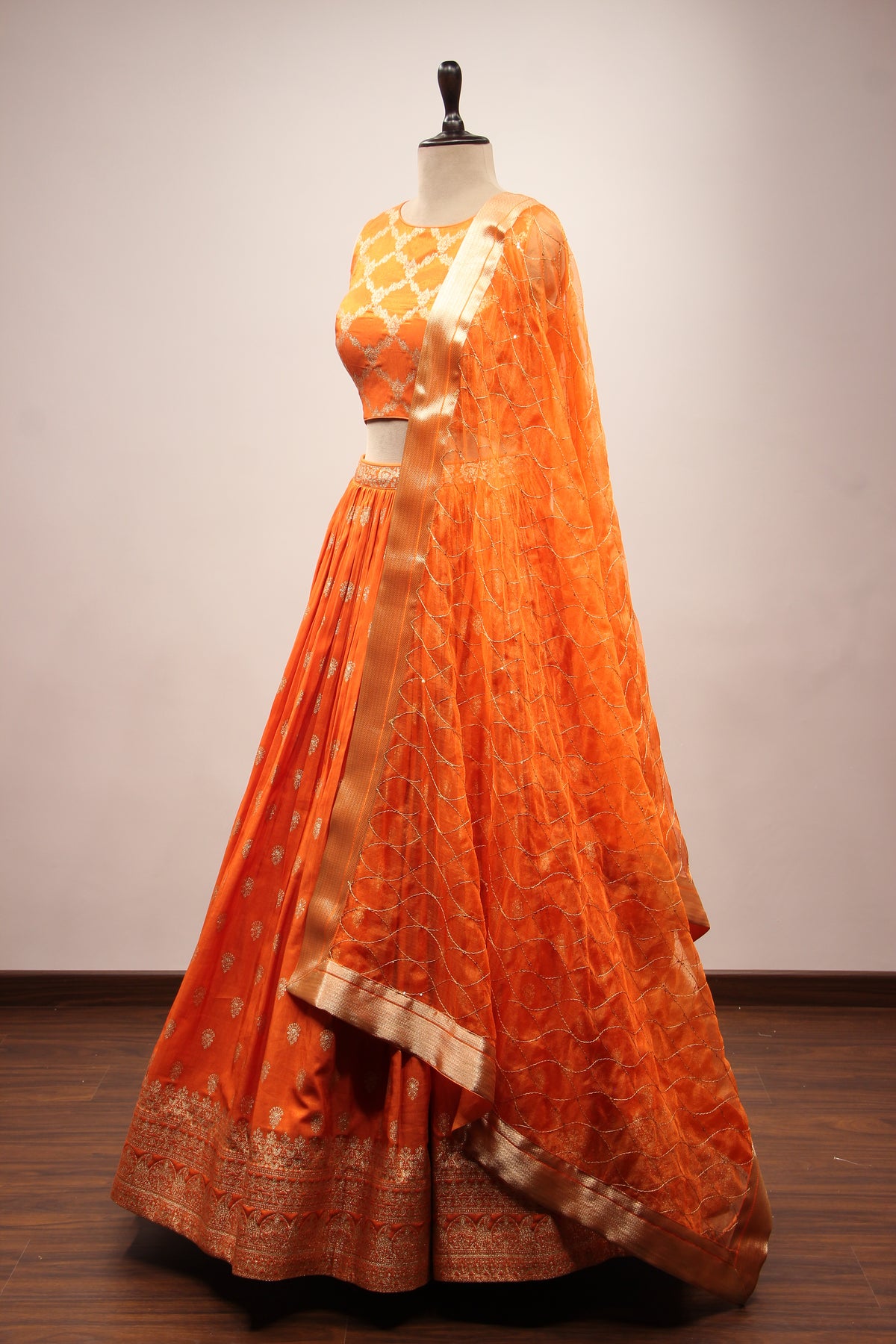 Orange Banarsi Brocade Lehenga with Woven Handwork Halter Neck
