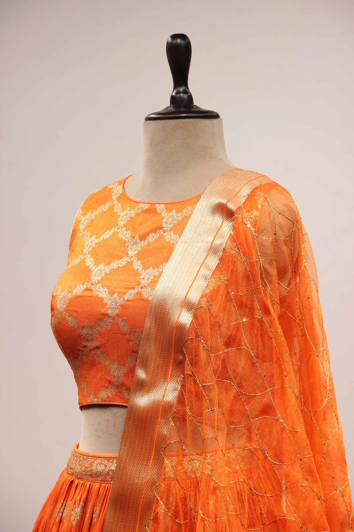 Orange Banarsi Brocade Lehenga with Woven Handwork Halter Neck