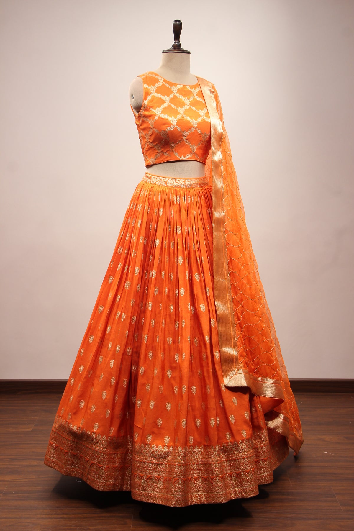 Orange Banarsi Brocade Lehenga with Woven Handwork Halter Neck