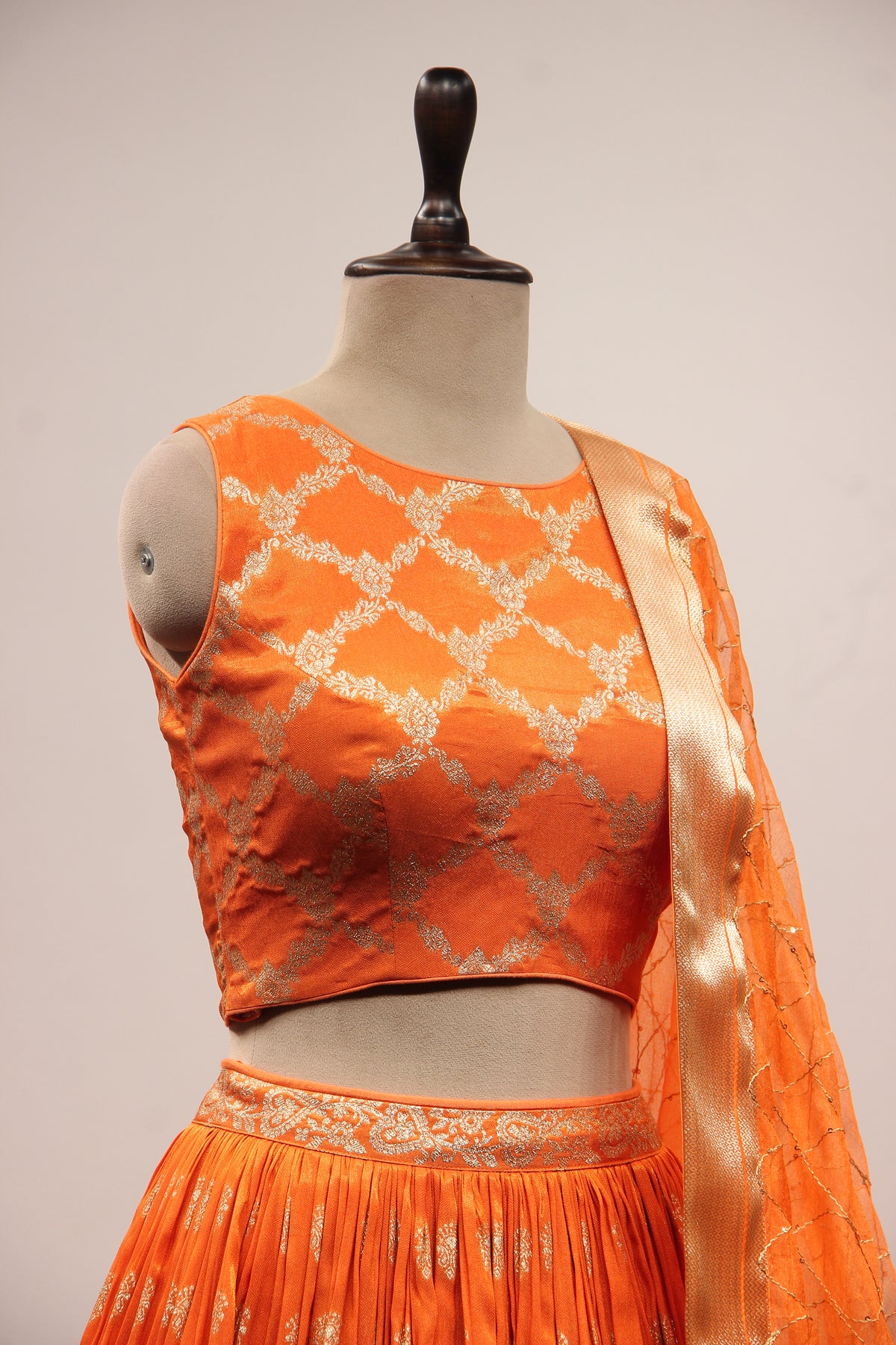 Orange Banarsi Brocade Lehenga with Woven Handwork Halter Neck