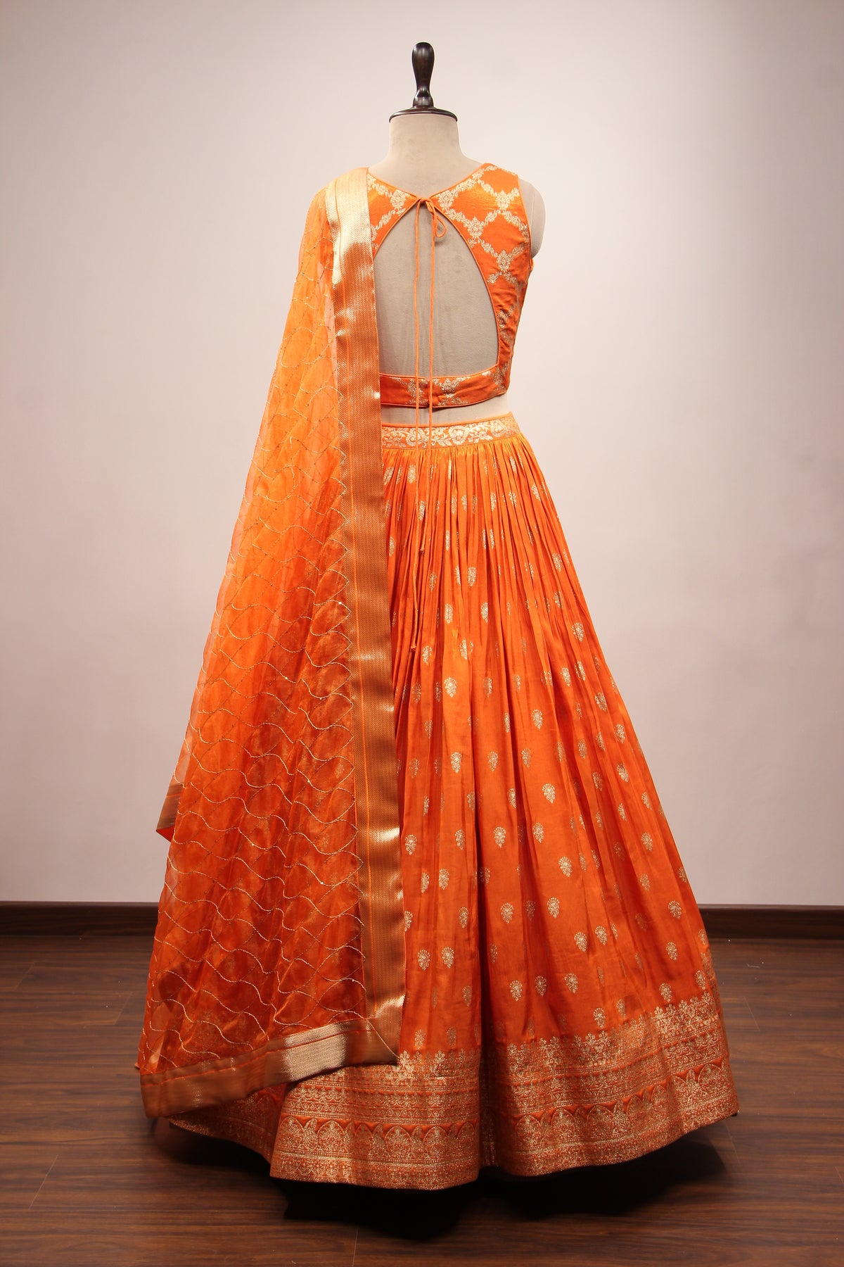 Orange Banarsi Brocade Lehenga with Woven Handwork Halter Neck