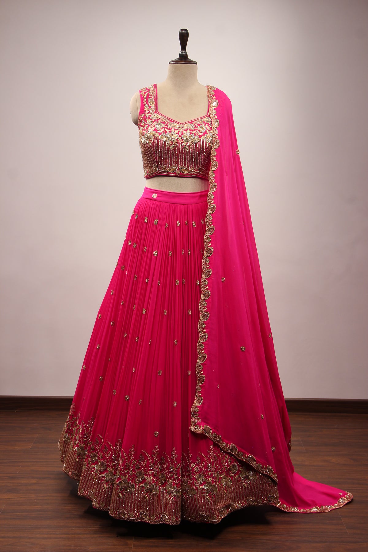 Rani Georgette Lehenga with Cut Dana & Sequin Handwork Crop Top