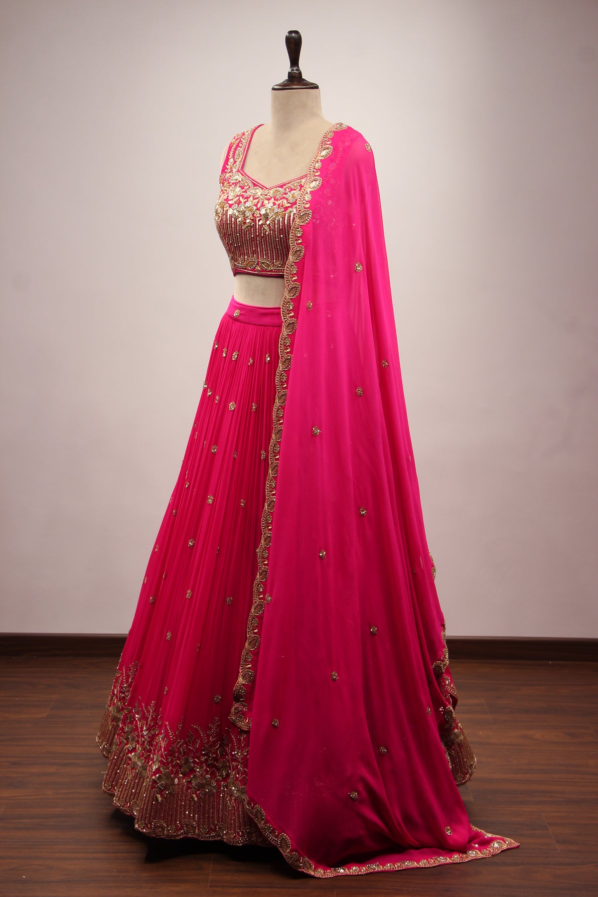Rani Georgette Lehenga with Cut Dana & Sequin Handwork Crop Top