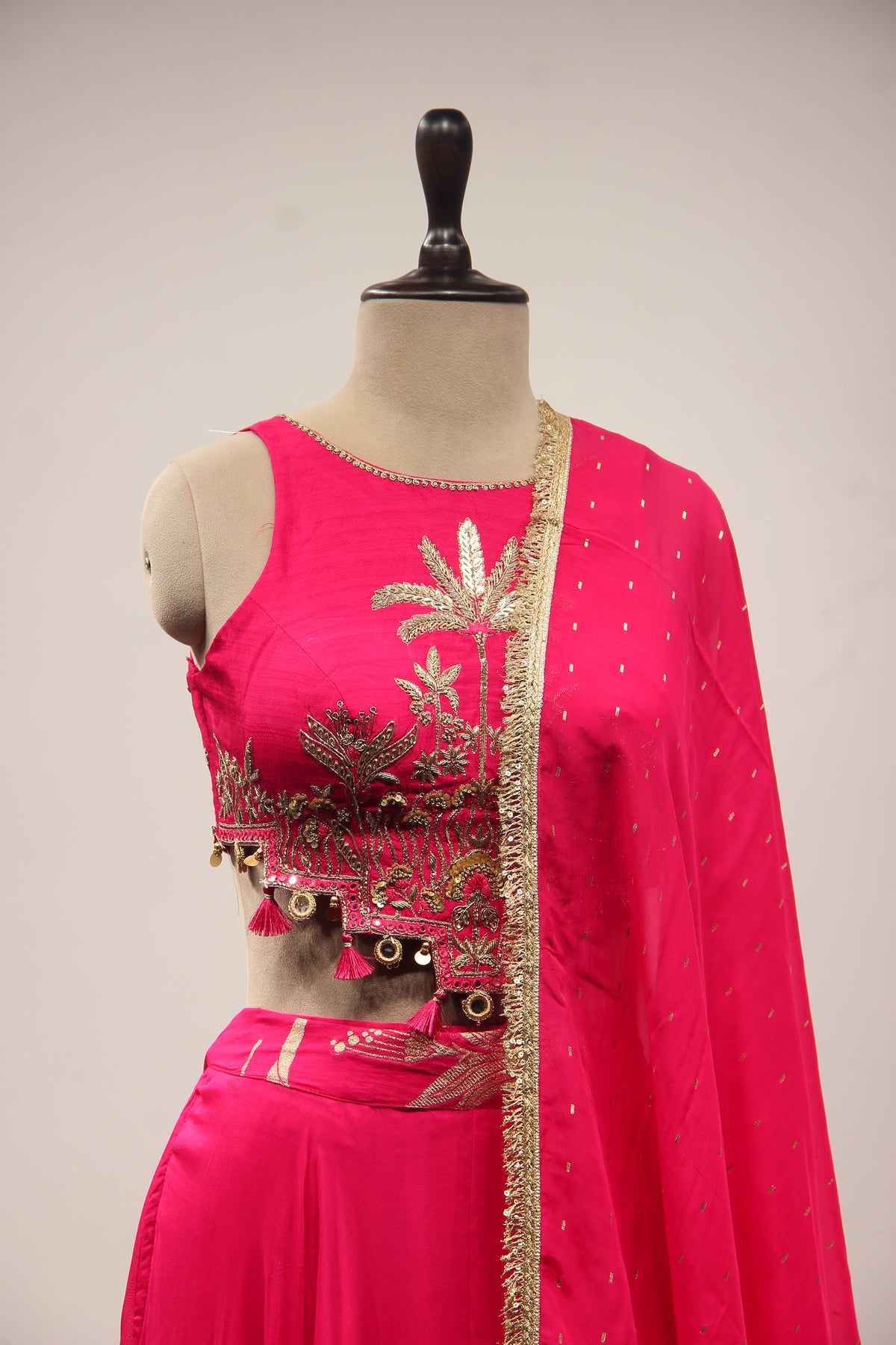 Organza Halter Neck Palazzo Indo Western with Sequin & Zari Handwork in Pink – front close-up