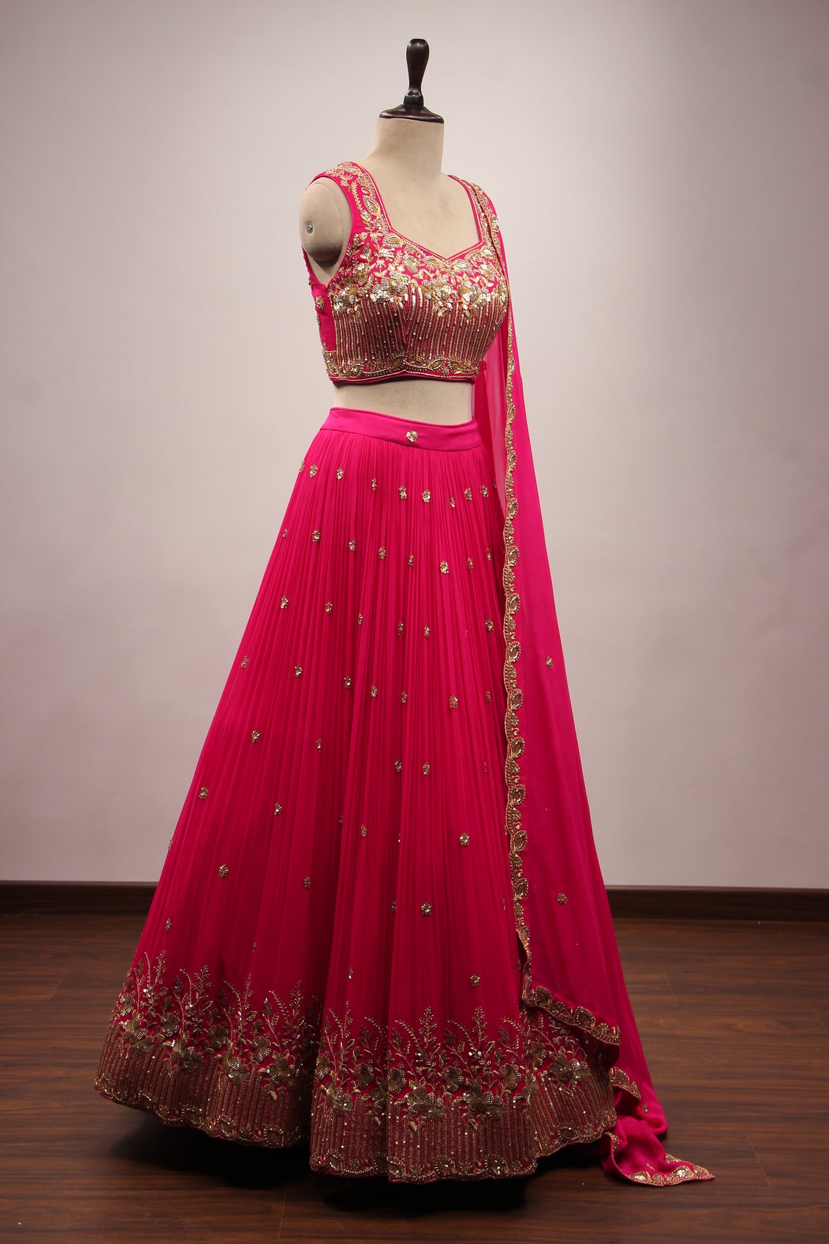 Rani Georgette Lehenga with Cut Dana & Sequin Handwork Crop Top