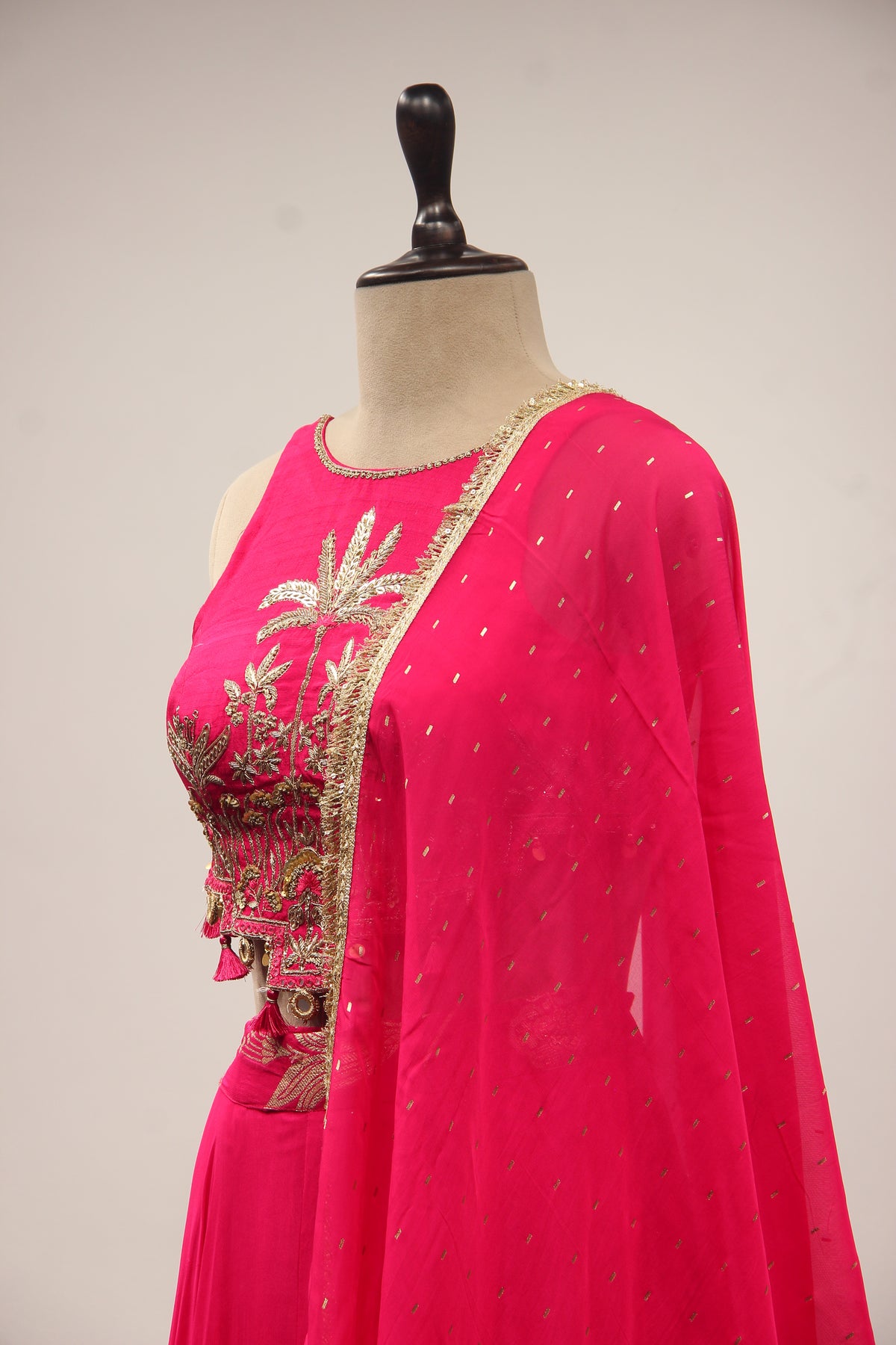 Organza Halter Neck Palazzo Indo Western with Sequin & Zari Handwork in Pink – side close-up