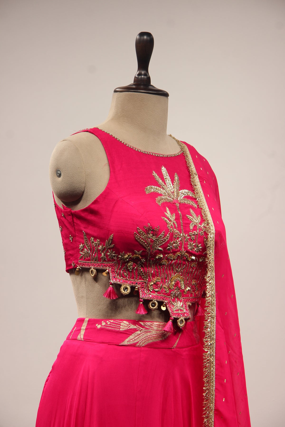 Organza Halter Neck Palazzo Indo Western with Sequin & Zari Handwork in Pink – other side close-up