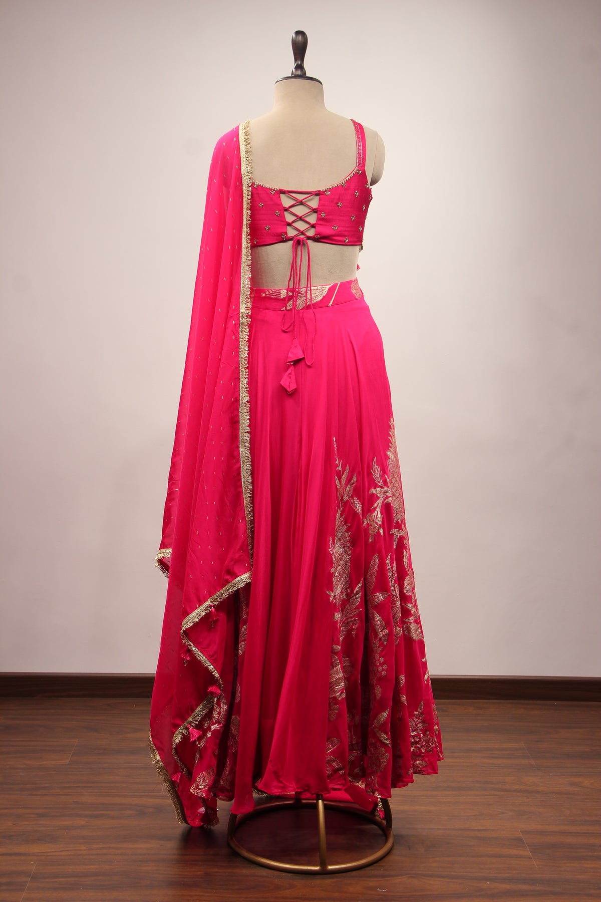 Organza Halter Neck Palazzo Indo Western with Sequin & Zari Handwork in Pink – back view