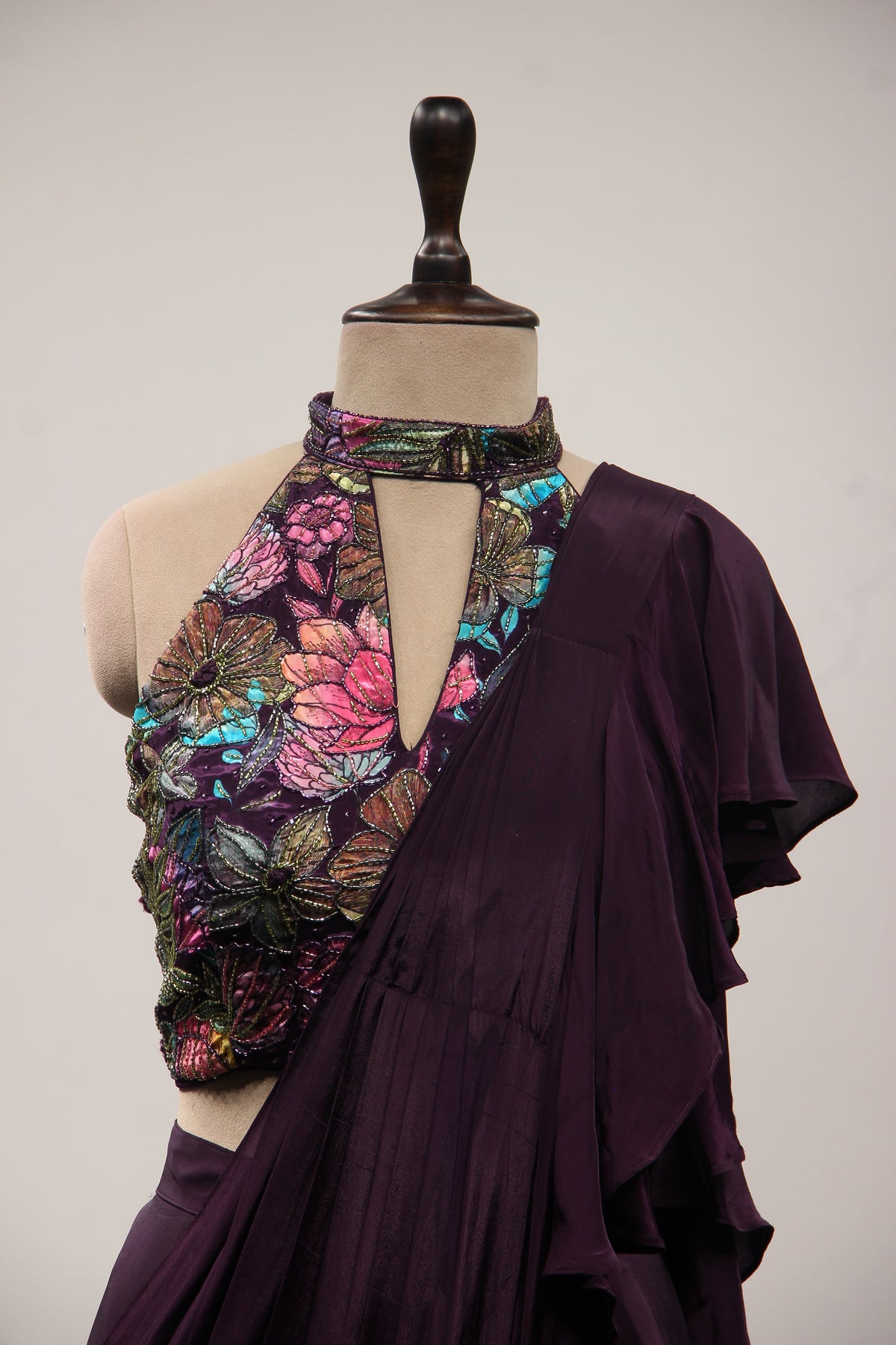 Crepe Purple Ruffled Drape Saree with Printed & Cut Dana Handwork