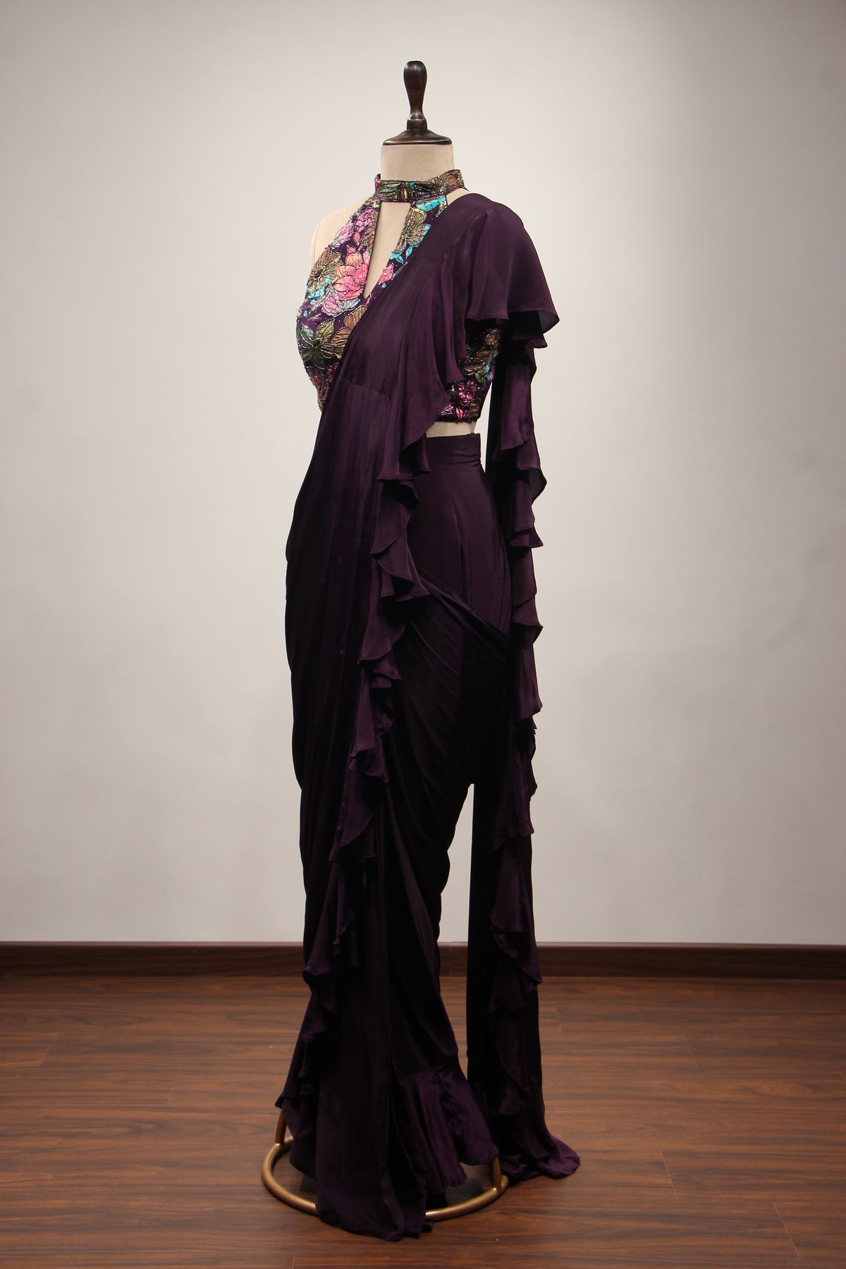 Crepe Purple Ruffled Drape Saree with Printed & Cut Dana Handwork