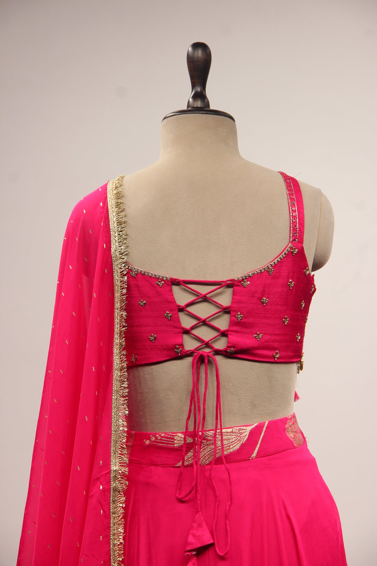 Organza Halter Neck Palazzo Indo Western with Sequin & Zari Handwork in Pink – back close-up