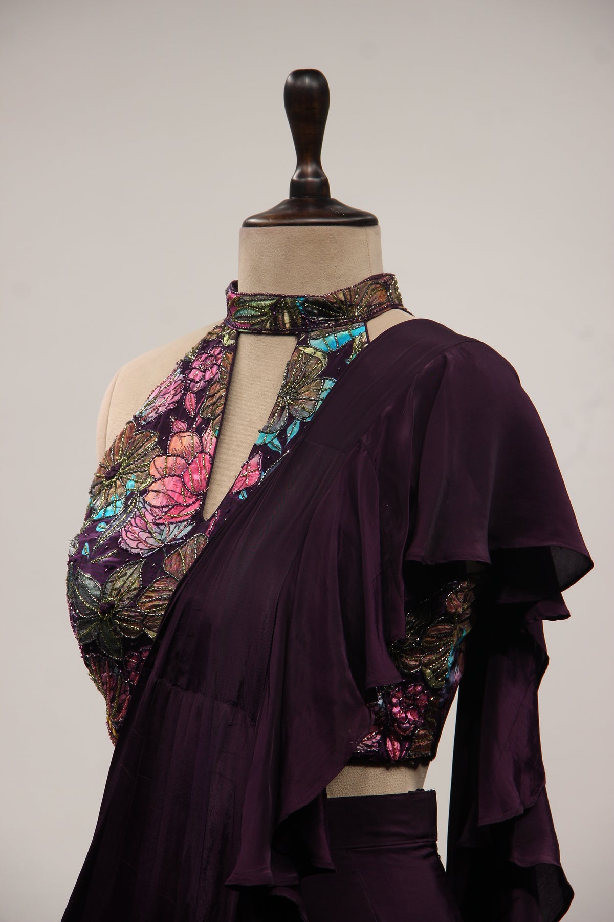 Crepe Purple Ruffled Drape Saree with Printed & Cut Dana Handwork