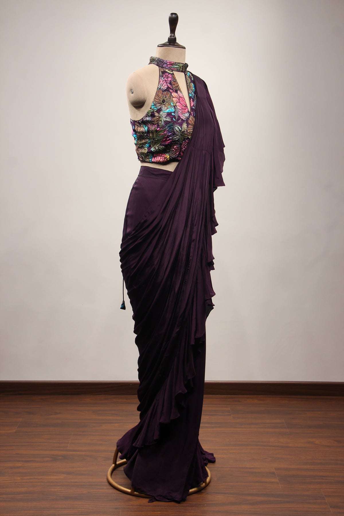 Crepe Purple Ruffled Drape Saree with Printed & Cut Dana Handwork