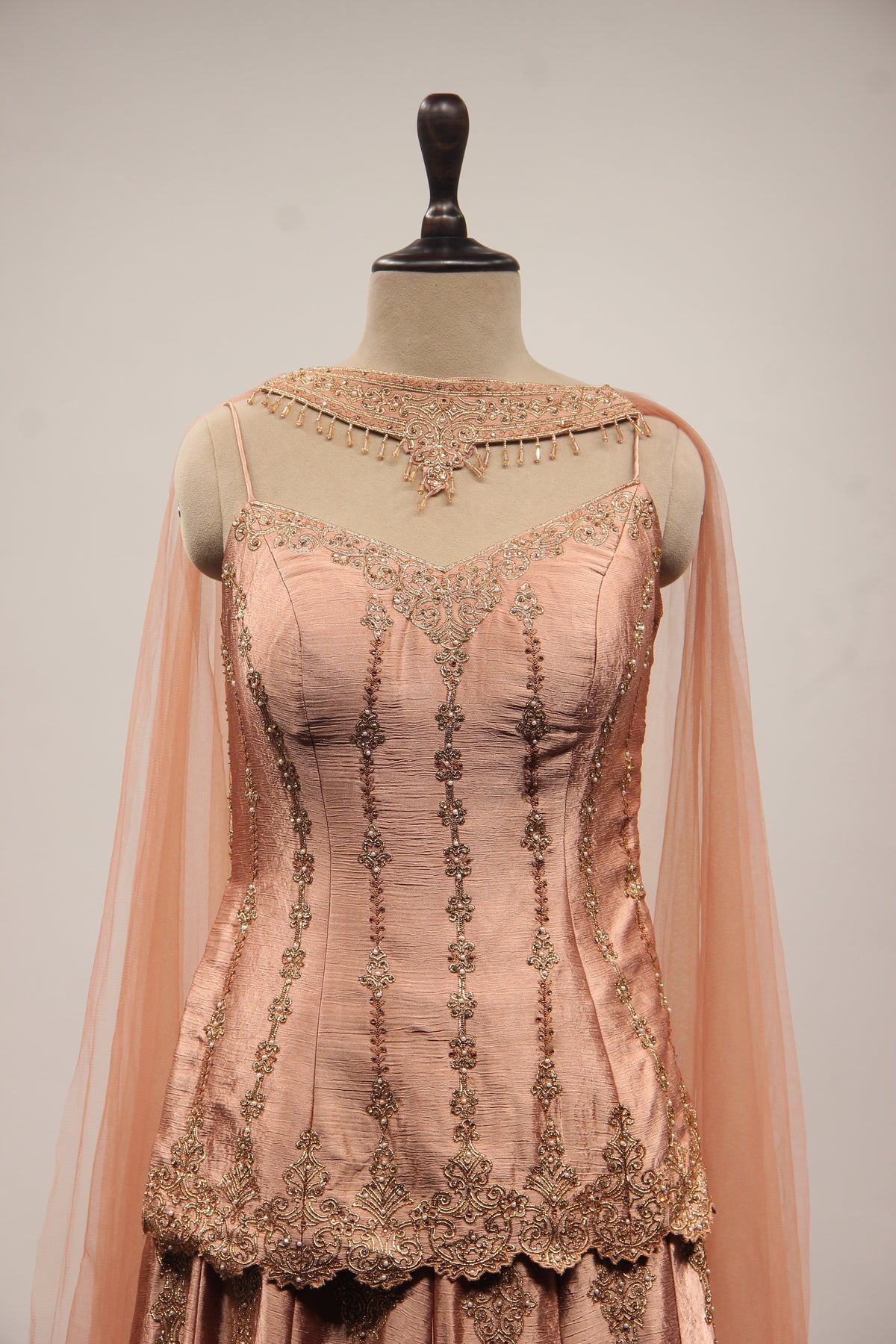 Peach Satin Sharara Suit with Zardozi & Sequin Handwork Choker Dupatta – front close-up