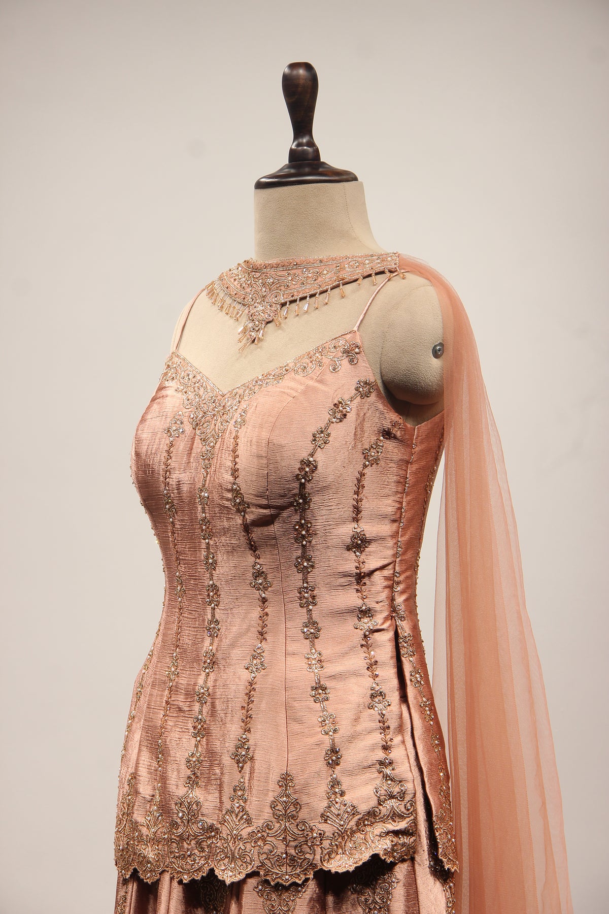 Peach Satin Sharara Suit with Zardozi & Sequin Handwork Choker Dupatta – side close-up