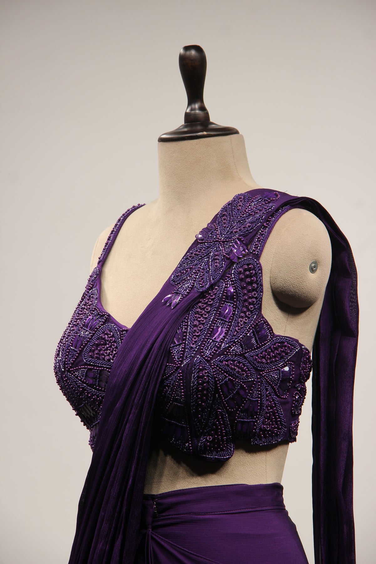 Crepe Purple Drape Saree with Bead & Sequin Handwork Crop Top