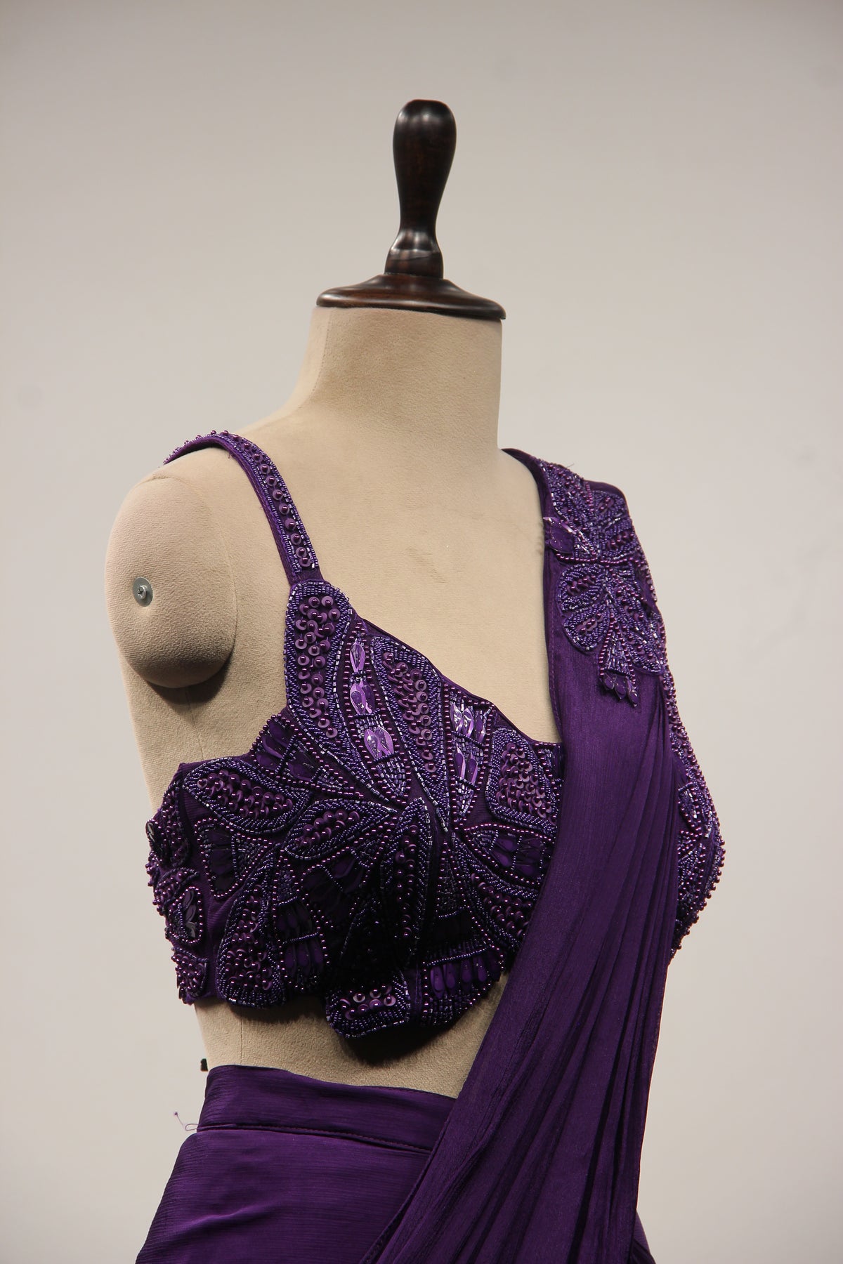 Crepe Purple Drape Saree with Bead & Sequin Handwork Crop Top