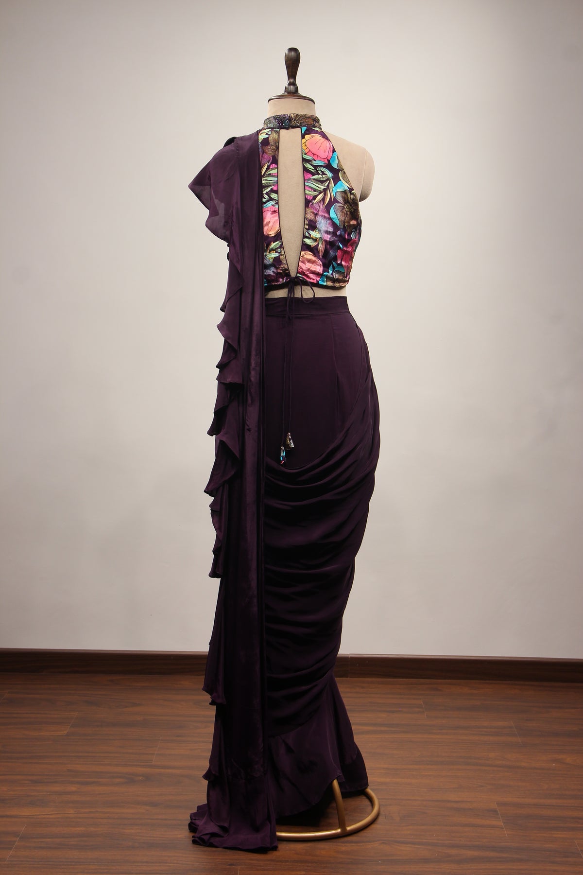 Crepe Purple Ruffled Drape Saree with Printed & Cut Dana Handwork